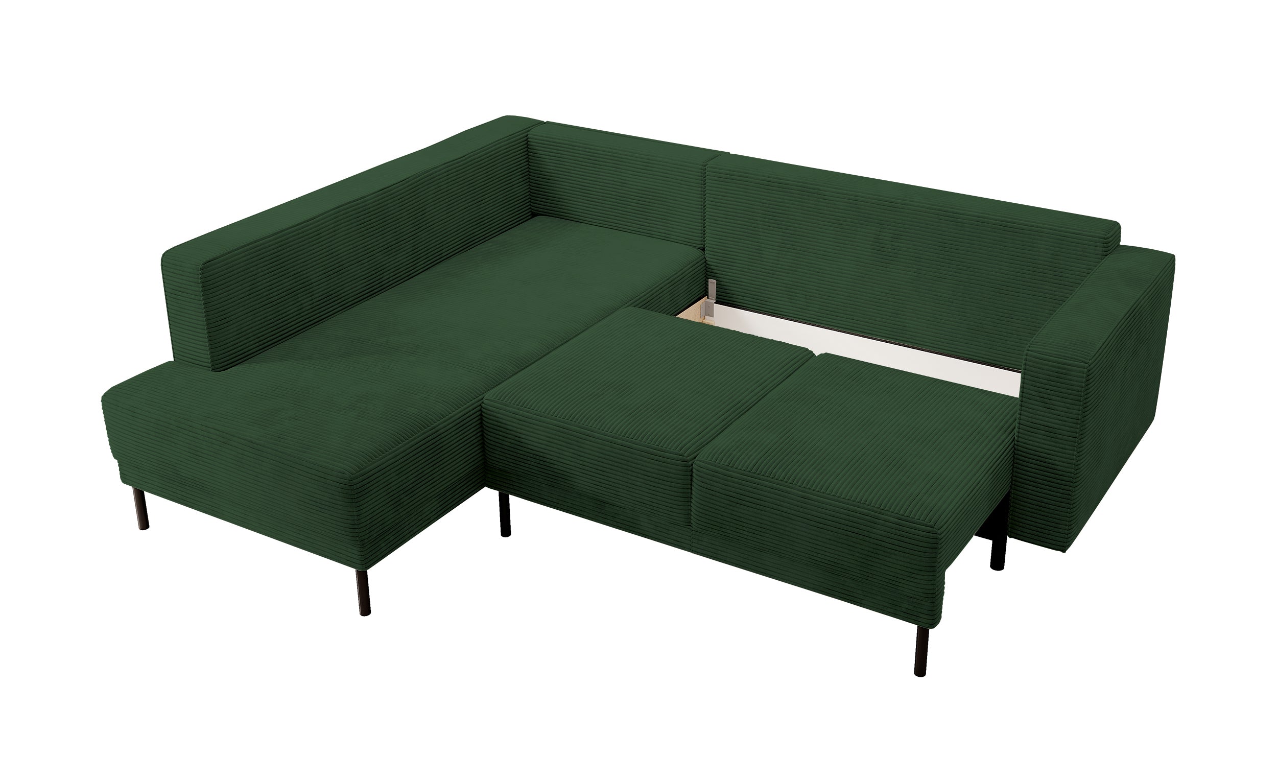 Ecksofa Rodario mit Schlaffunktion und Bettkasten, dunkelgrüner Cord, linksseitig