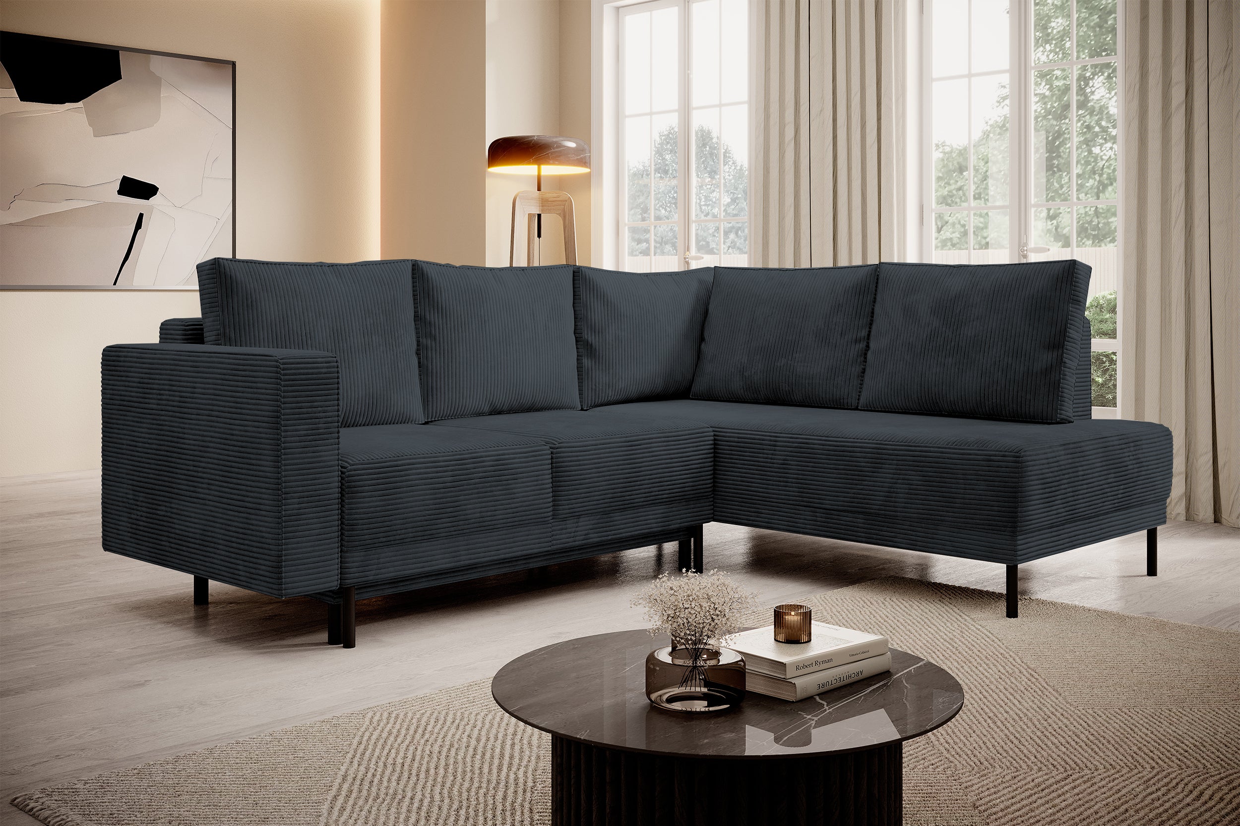 Ecksofa Rodario mit Schlafunktion und Bettkasten, dunkelgrauer Cord, rechtsseitig