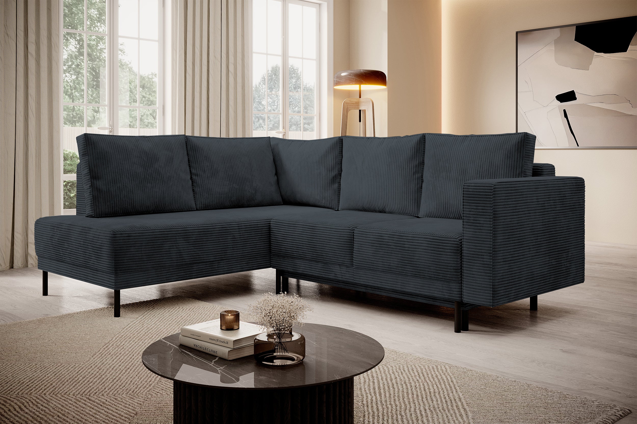 Ecksofa Rodario mit Schlaffunktion und Bettkasten, dunkelgrauer Cord, linksseitig