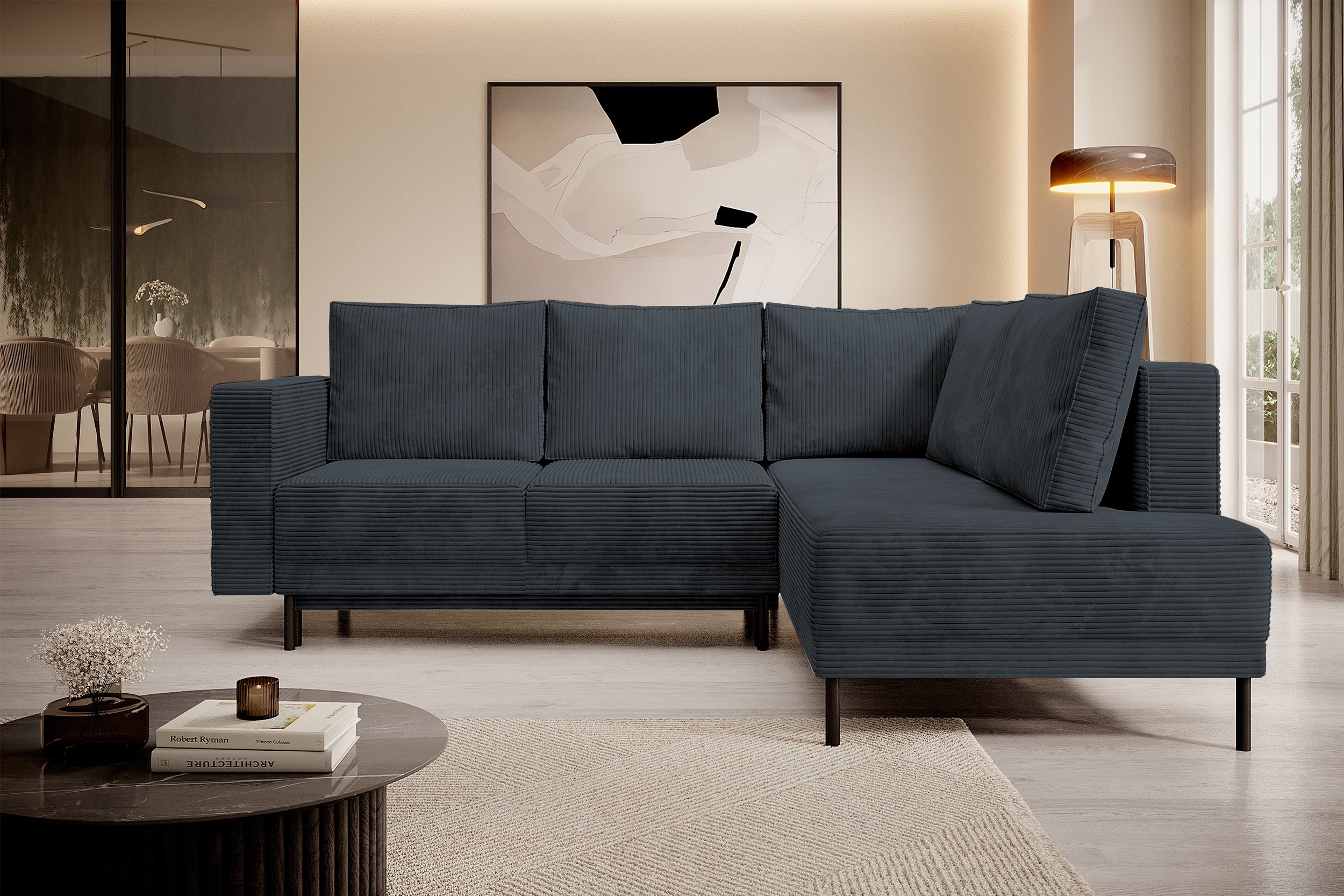 Ecksofa Rodario mit Schlafunktion und Bettkasten, dunkelgrauer Cord, rechtsseitig