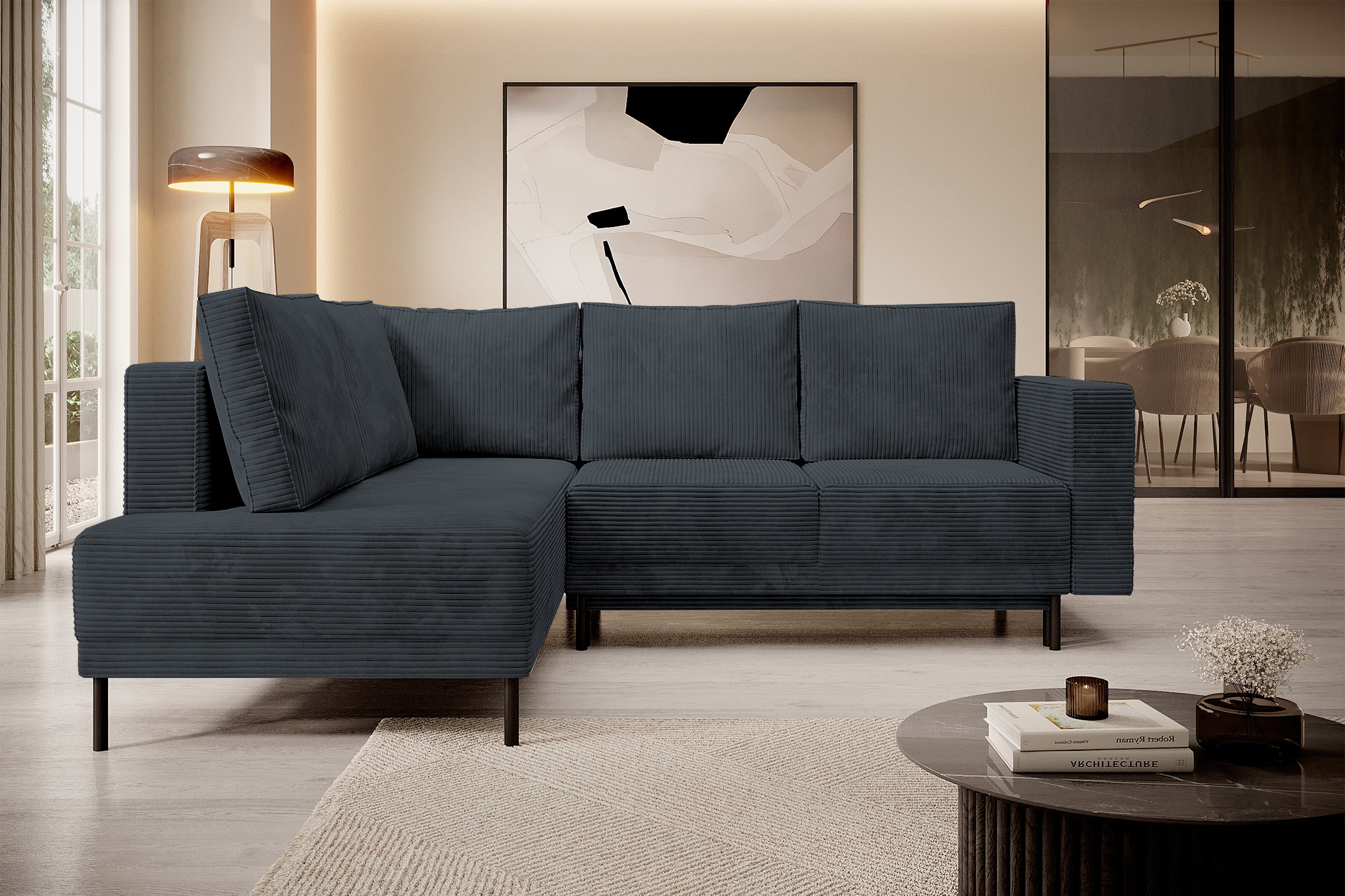 Ecksofa Rodario mit Schlaffunktion und Bettkasten, dunkelgrauer Cord, linksseitig