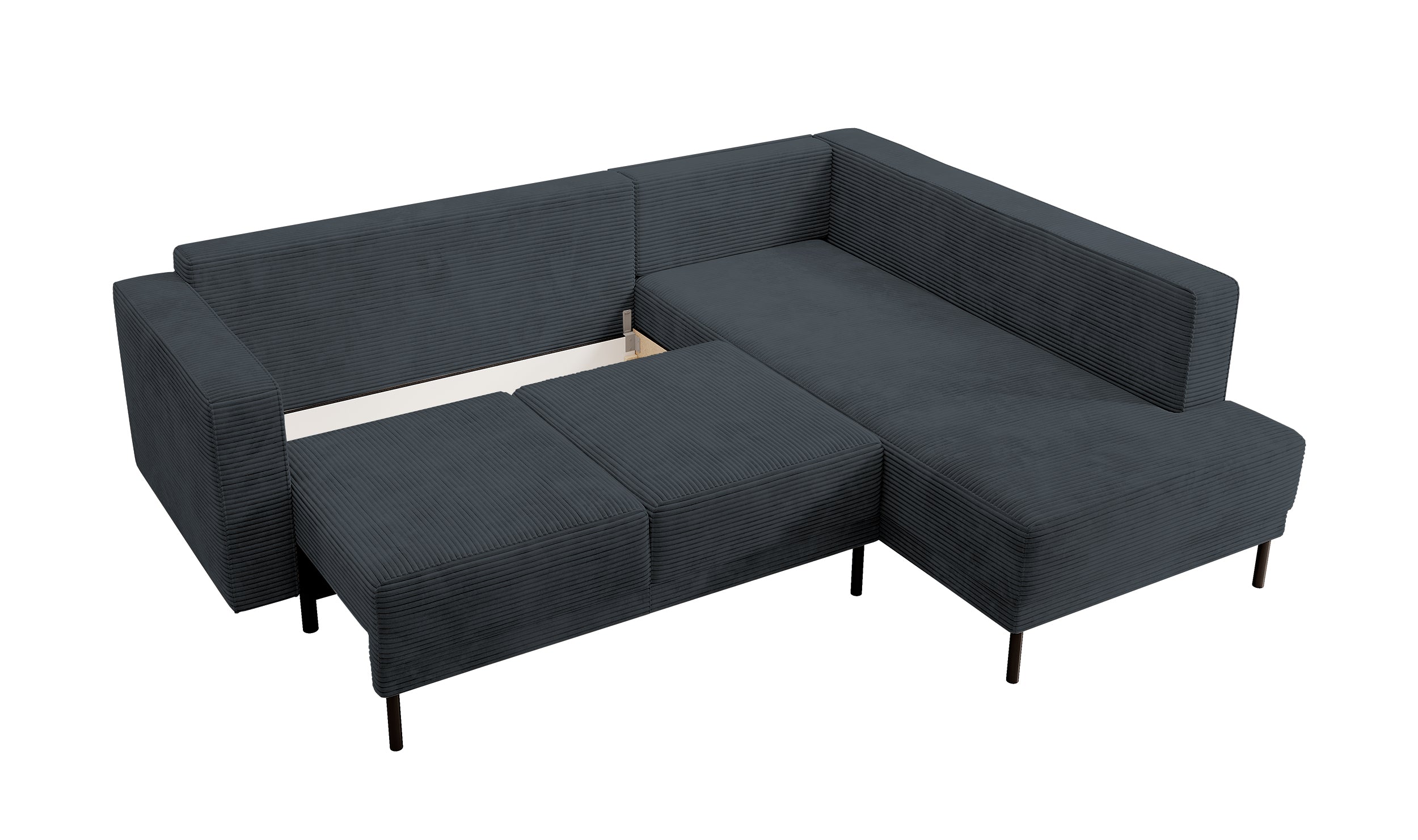 Ecksofa Rodario mit Schlafunktion und Bettkasten, dunkelgrauer Cord, rechtsseitig