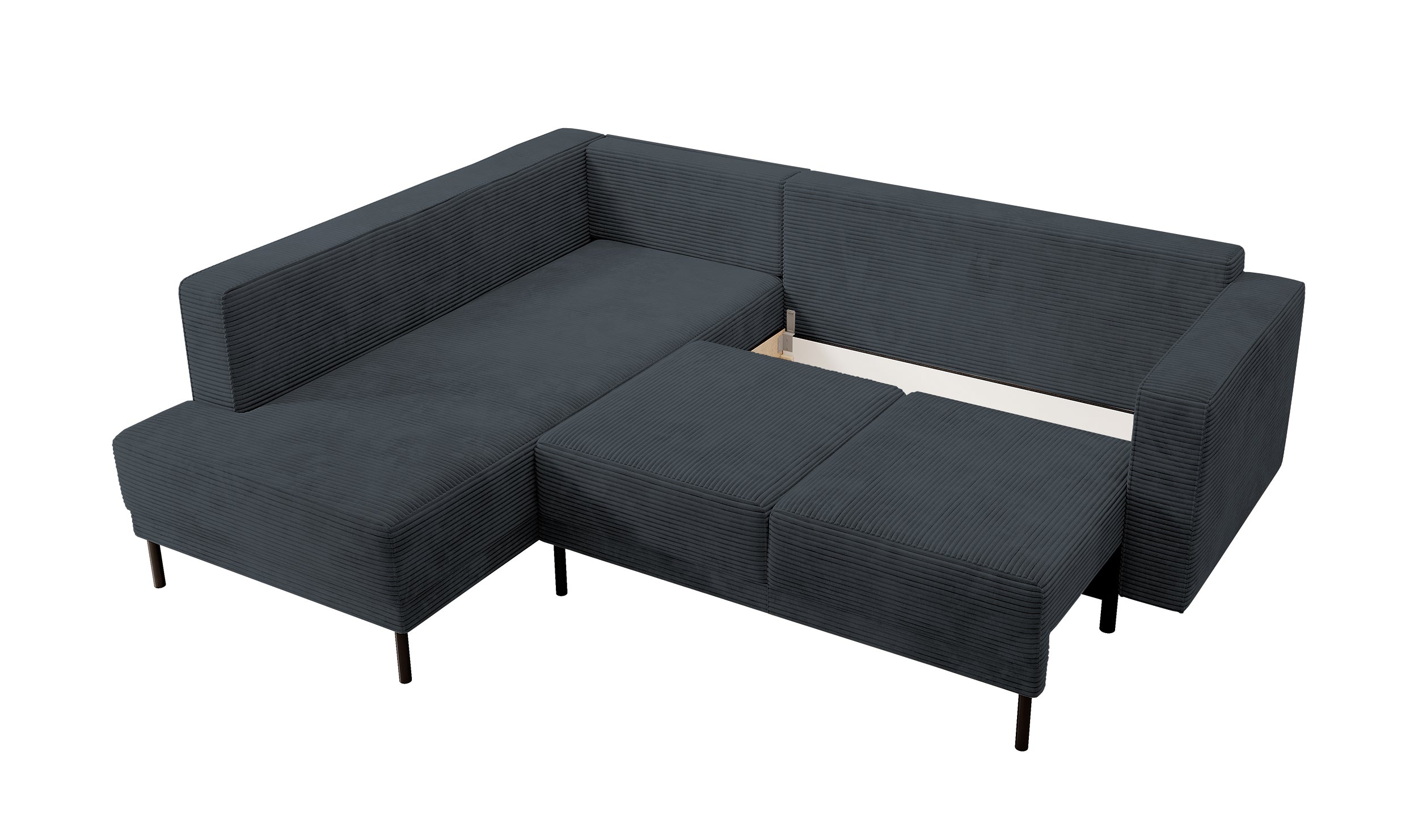 Ecksofa Rodario mit Schlaffunktion und Bettkasten, dunkelgrauer Cord, linksseitig