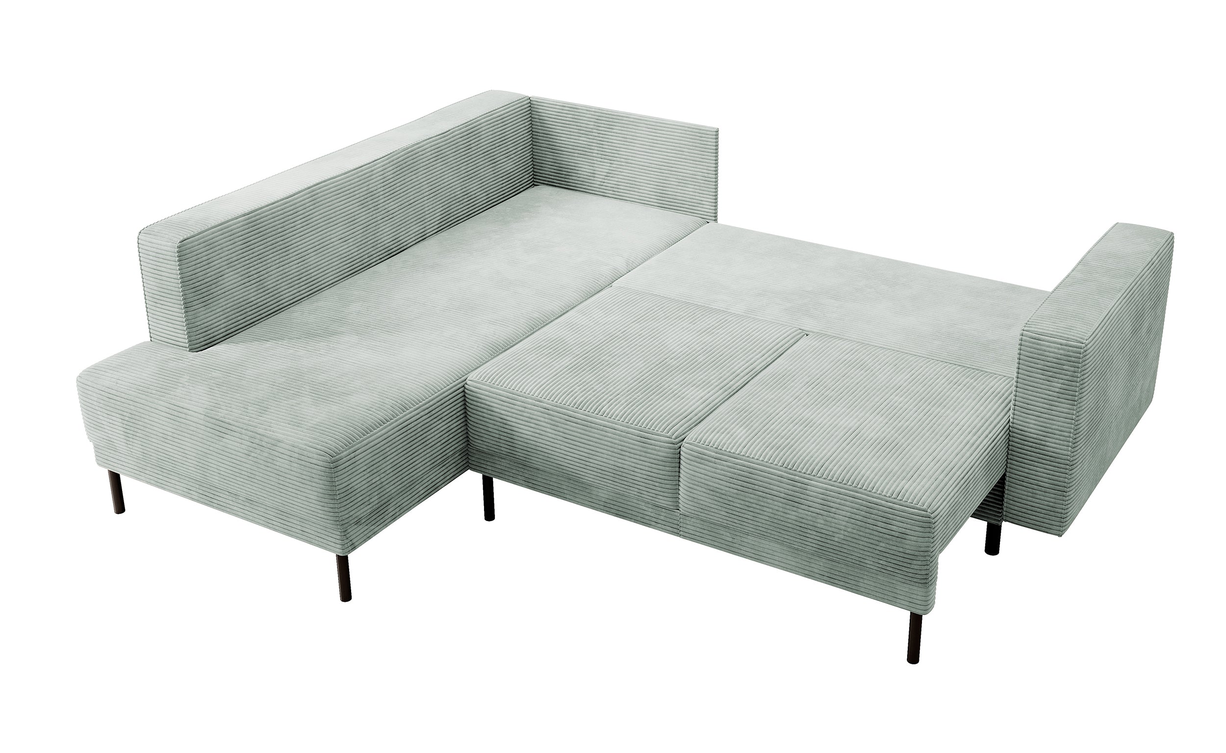 Ecksofa Rodario mit Schlaffunktion und Bettkasten, hellgrauer Cord, linksseitig