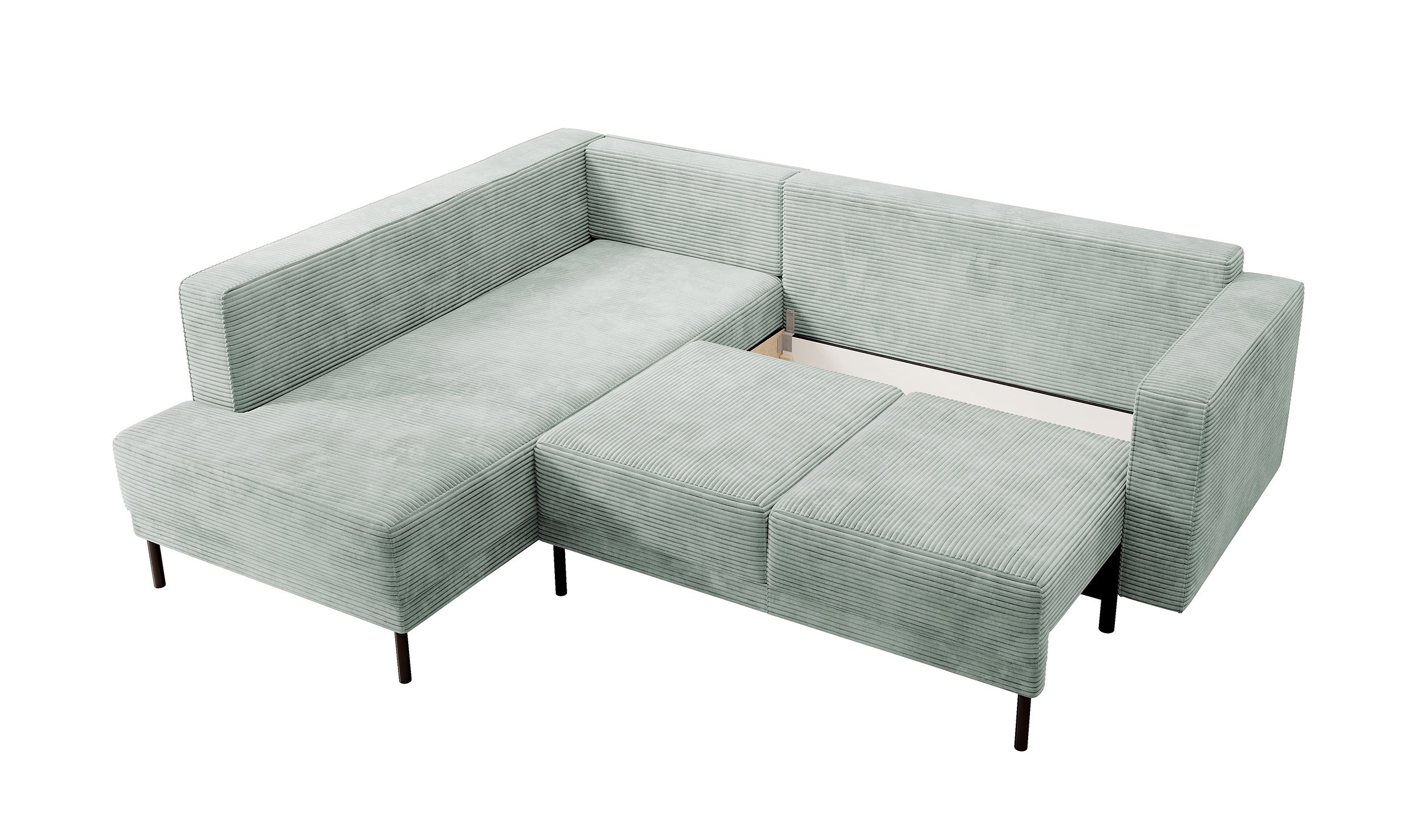 Ecksofa Rodario mit Schlaffunktion und Bettkasten, hellgrauer Cord, linksseitig