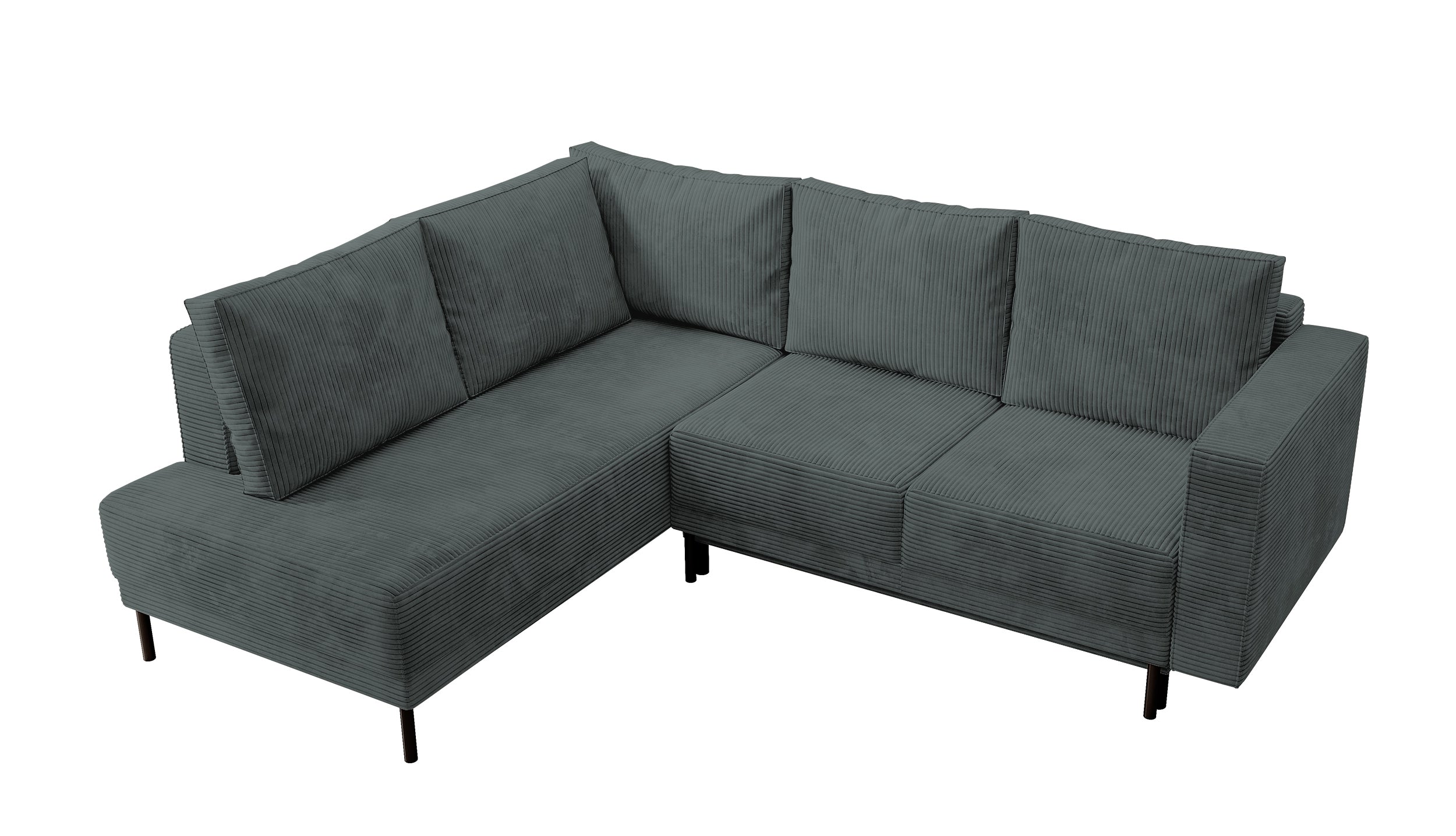 Ecksofa Rodario mit Schlafunktion und Bettkasten, grauer Cord, linksseitig