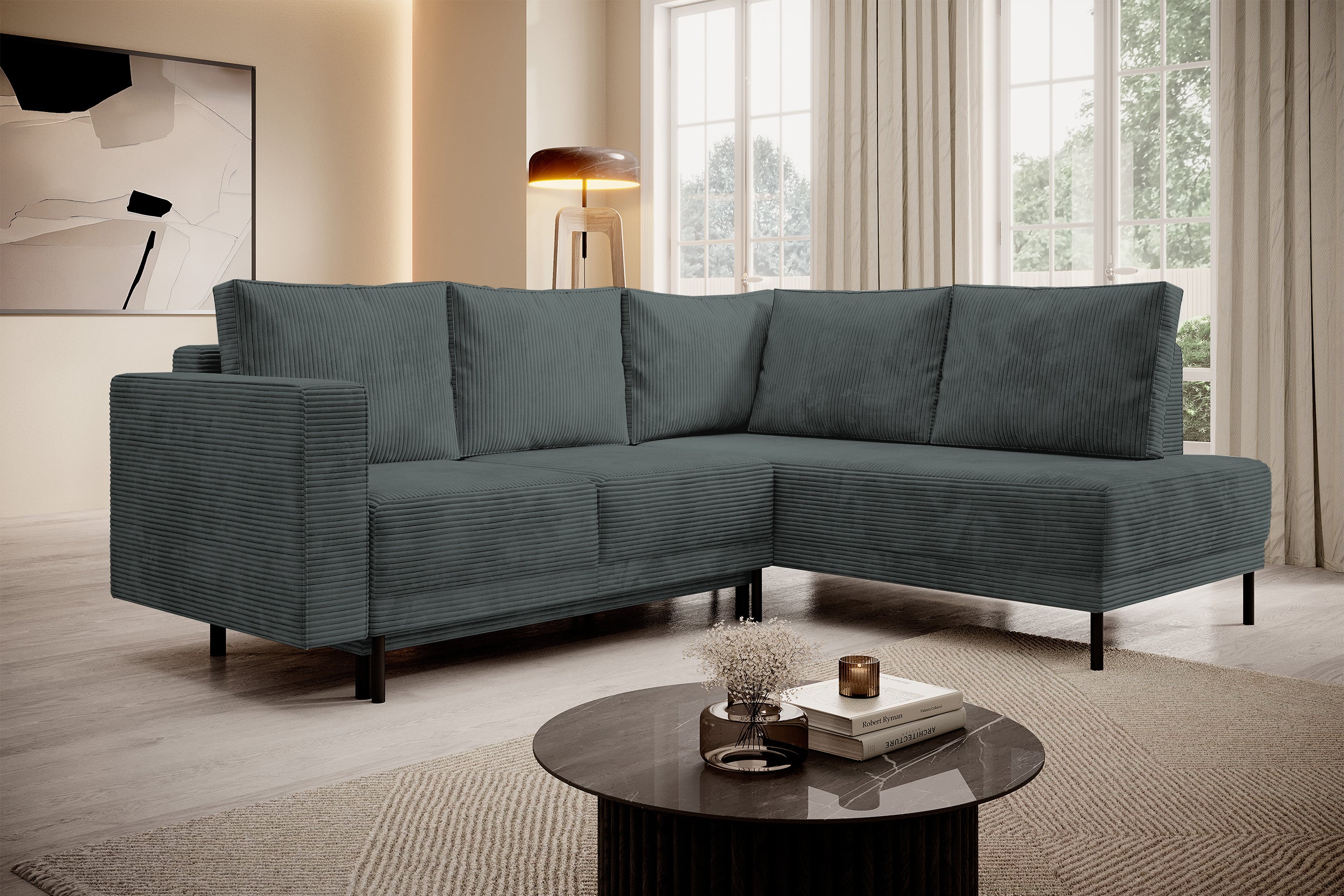Ecksofa Rodario mit Schlaffunktion und Bettkasten, grauer Cord, rechtsseitig