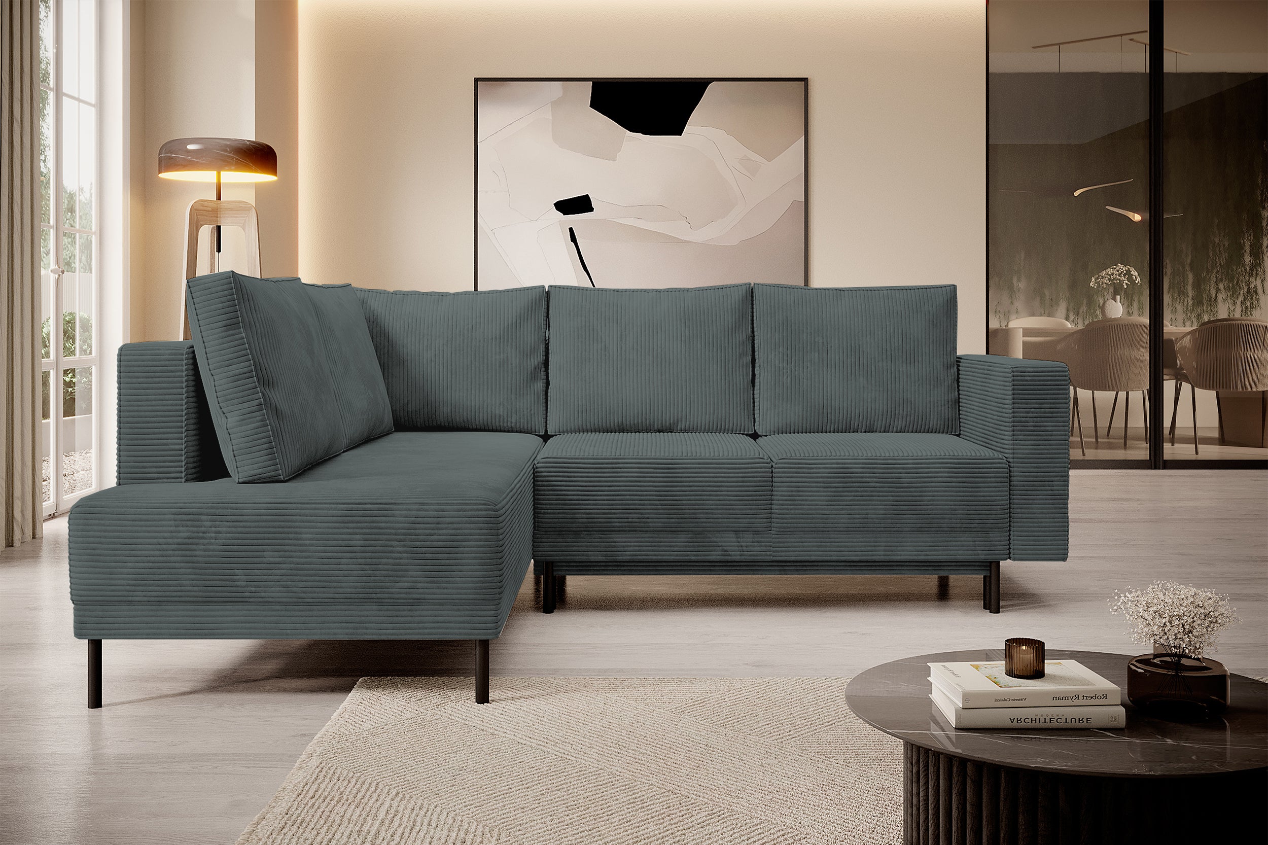 Ecksofa Rodario mit Schlafunktion und Bettkasten, grauer Cord, linksseitig
