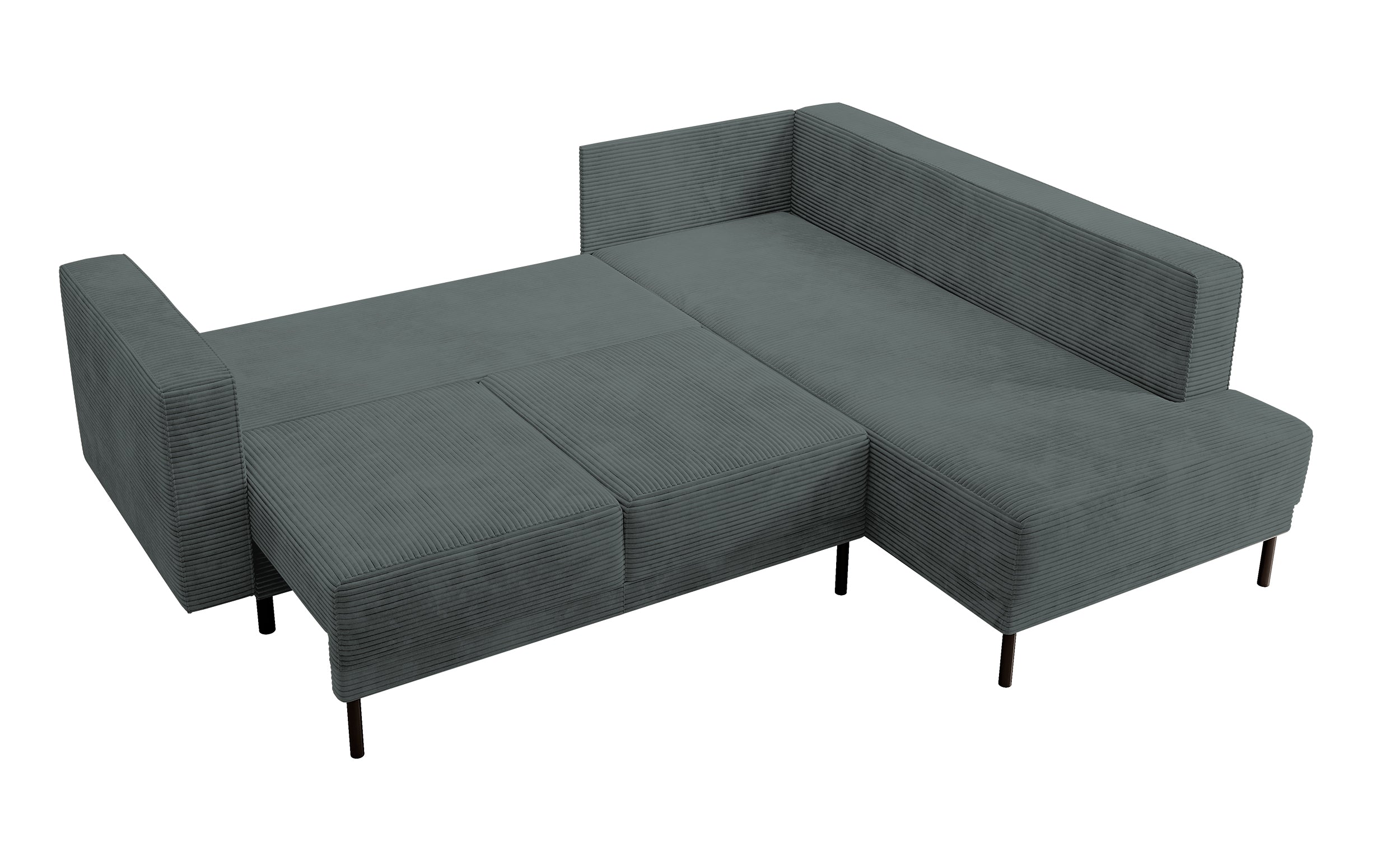 Ecksofa Rodario mit Schlaffunktion und Bettkasten, grauer Cord, rechtsseitig