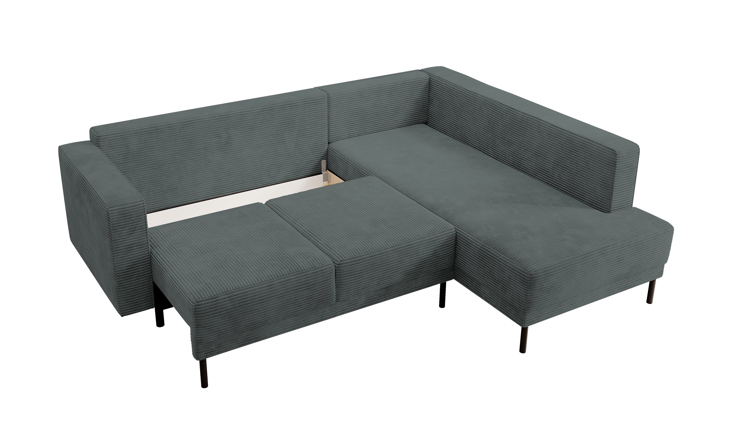 Ecksofa Rodario mit Schlaffunktion und Bettkasten, grauer Cord, rechtsseitig