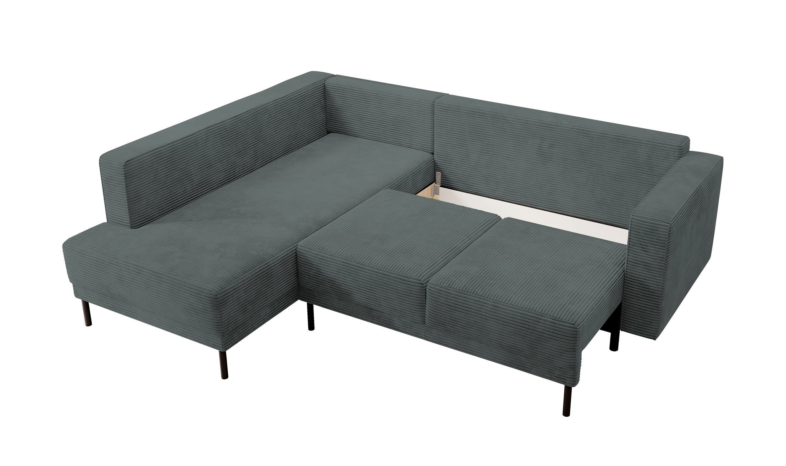 Ecksofa Rodario mit Schlafunktion und Bettkasten, grauer Cord, linksseitig