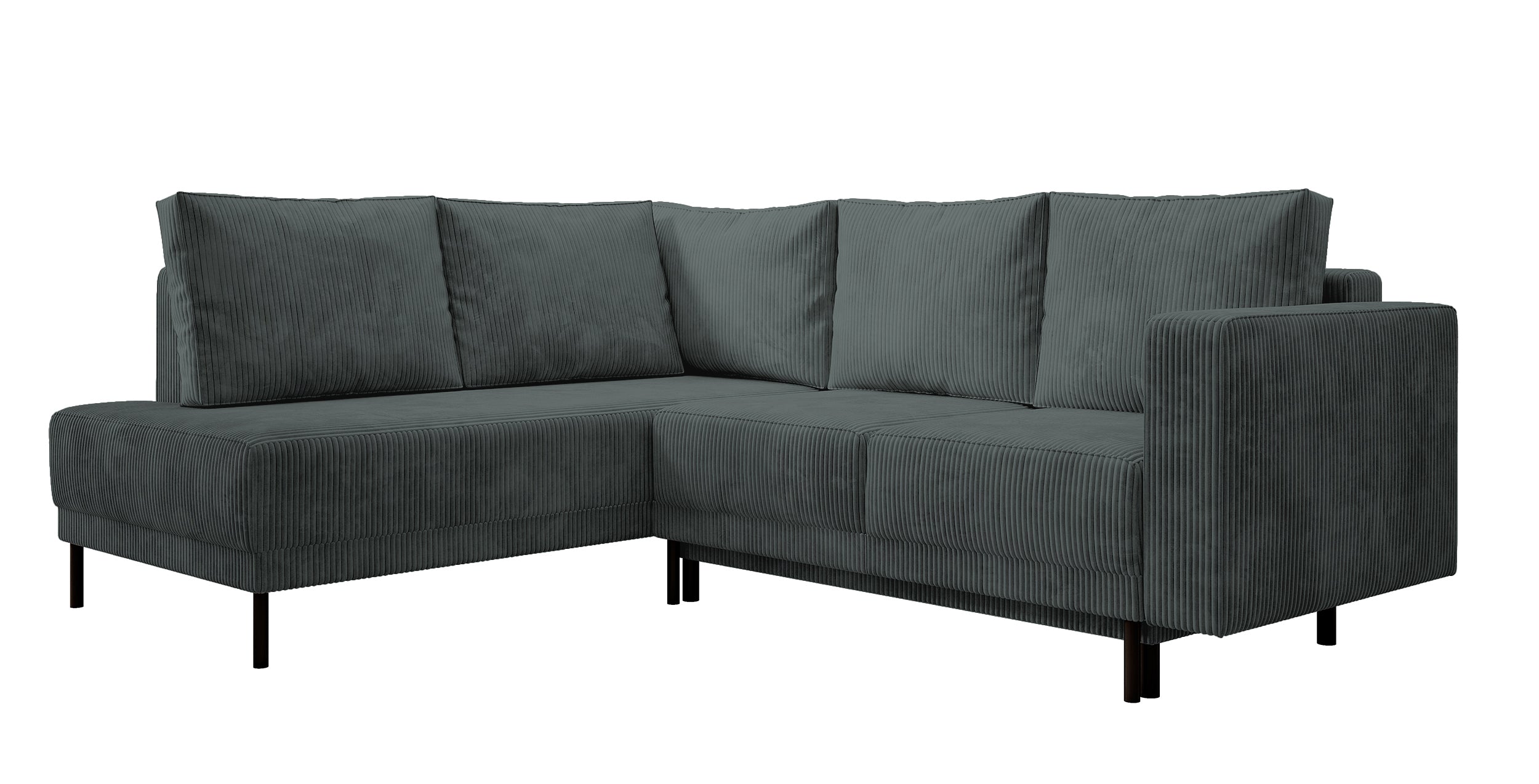 Ecksofa Rodario mit Schlafunktion und Bettkasten, grauer Cord, linksseitig