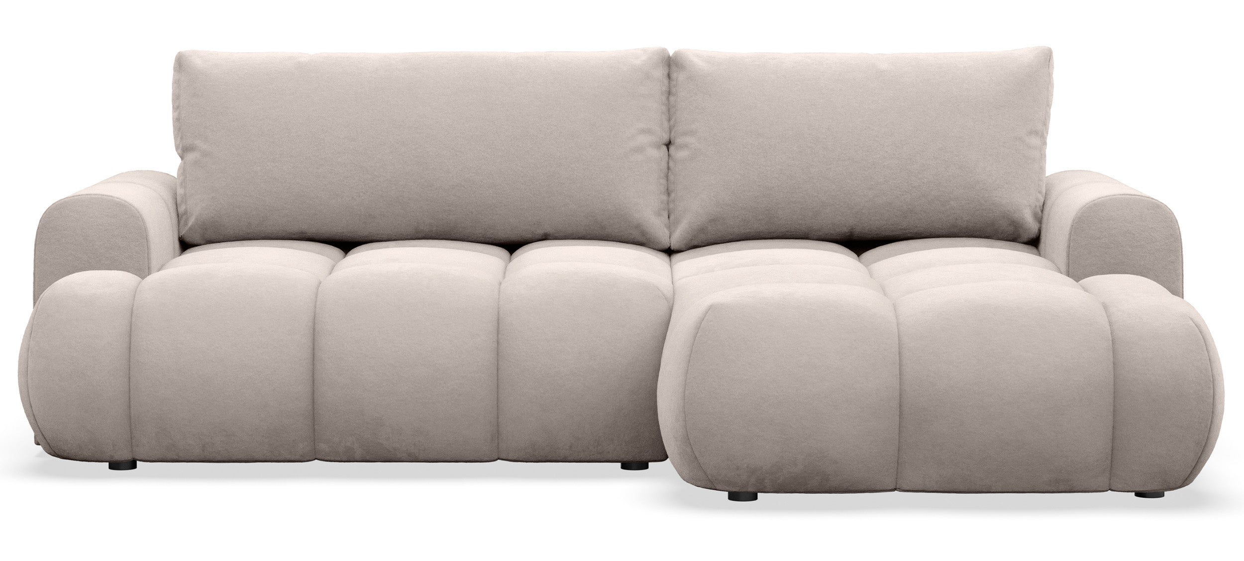 Ecksofa mit Schlaffunktion Ombo Mini, L-förmig, rechtsseitig, mit Stauraum, hellbeige-grauer, hydrophober Samtstoff