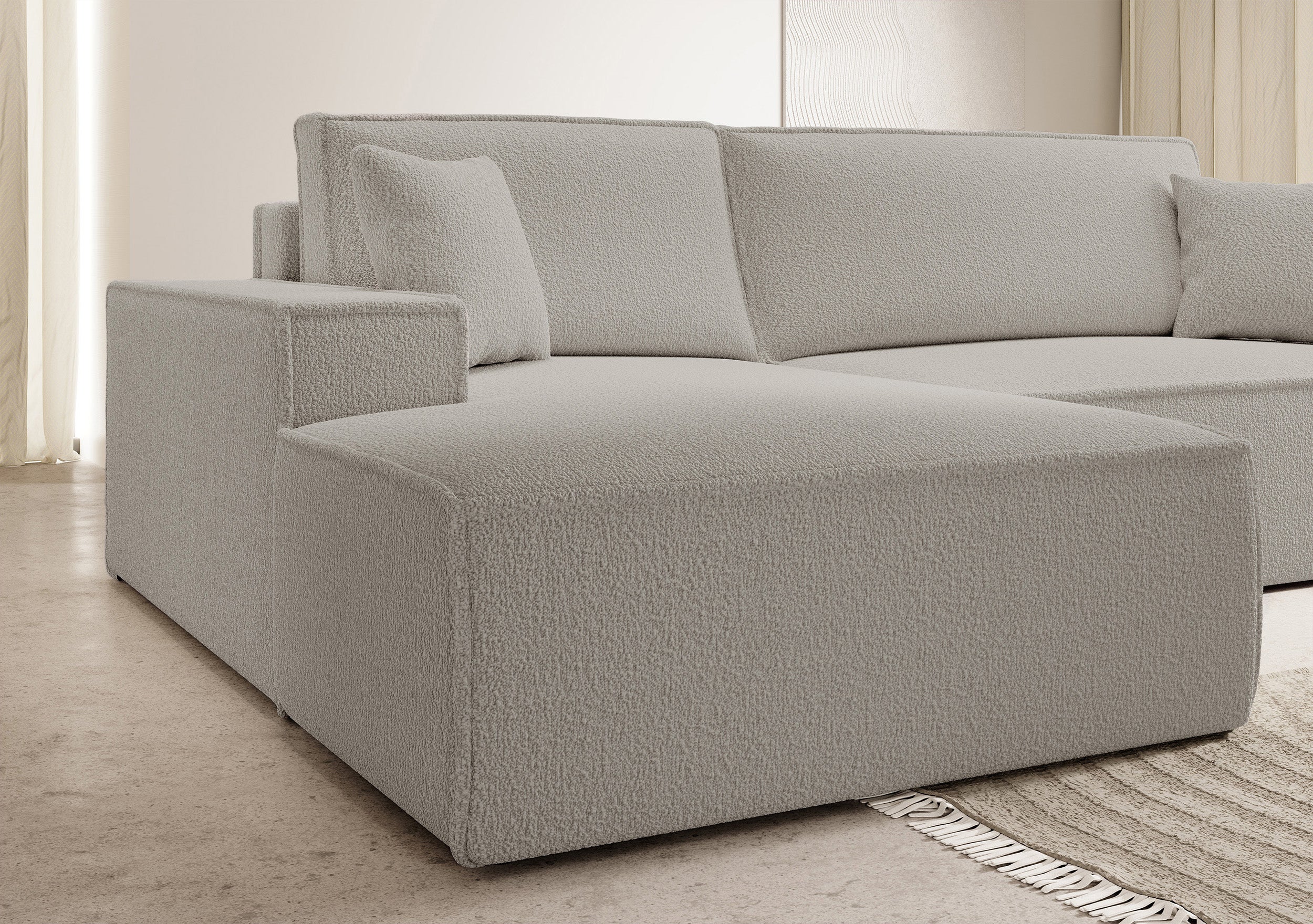 Ecksofa mit Schlaffunktion Farese New L-förmig mit Stauraum, braunes Bouclé, linksseitig