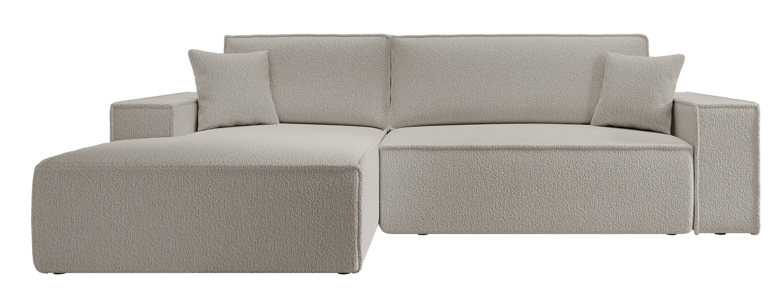 Ecksofa mit Schlaffunktion Farese New L-förmig mit Stauraum, braunes Bouclé, linksseitig