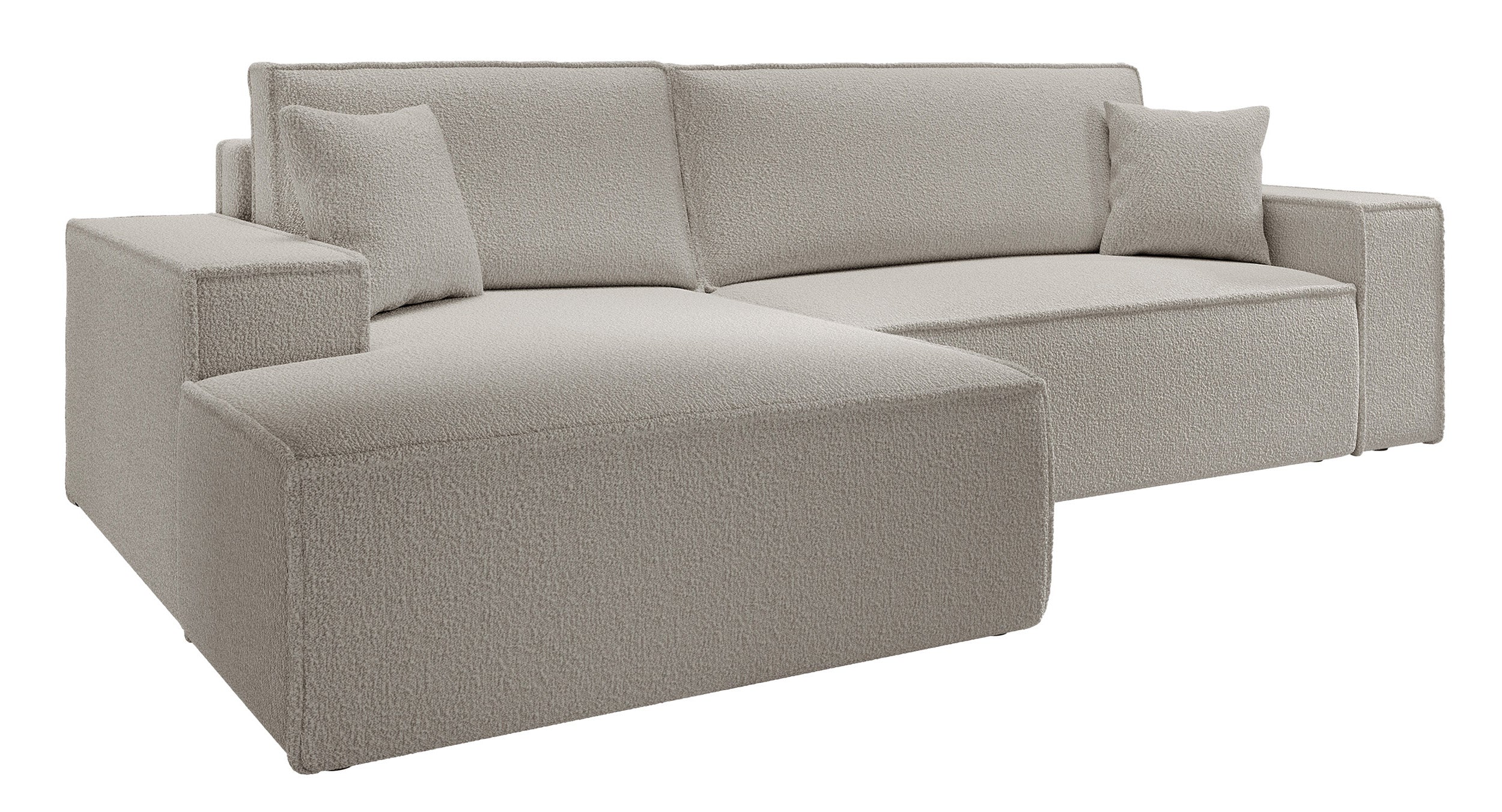 Ecksofa mit Schlaffunktion Farese New L-förmig mit Stauraum, braunes Bouclé, linksseitig