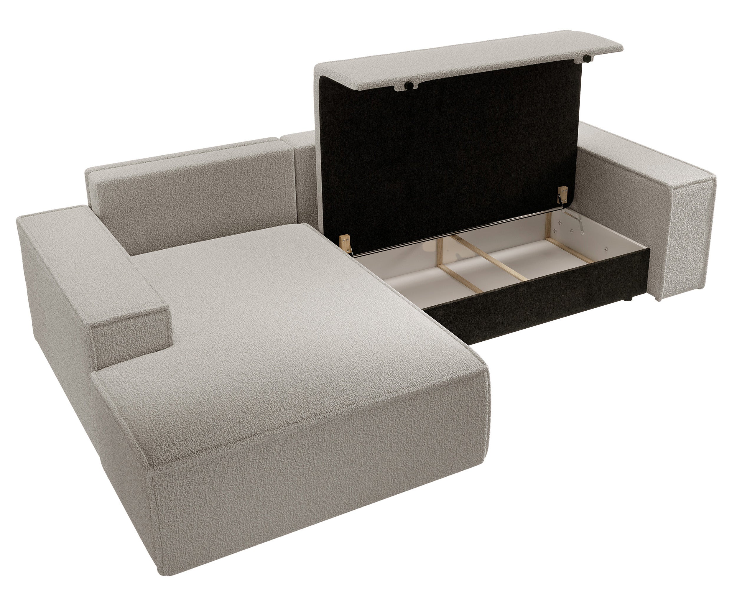 Ecksofa mit Schlaffunktion Farese New L-förmig mit Stauraum, braunes Bouclé, linksseitig