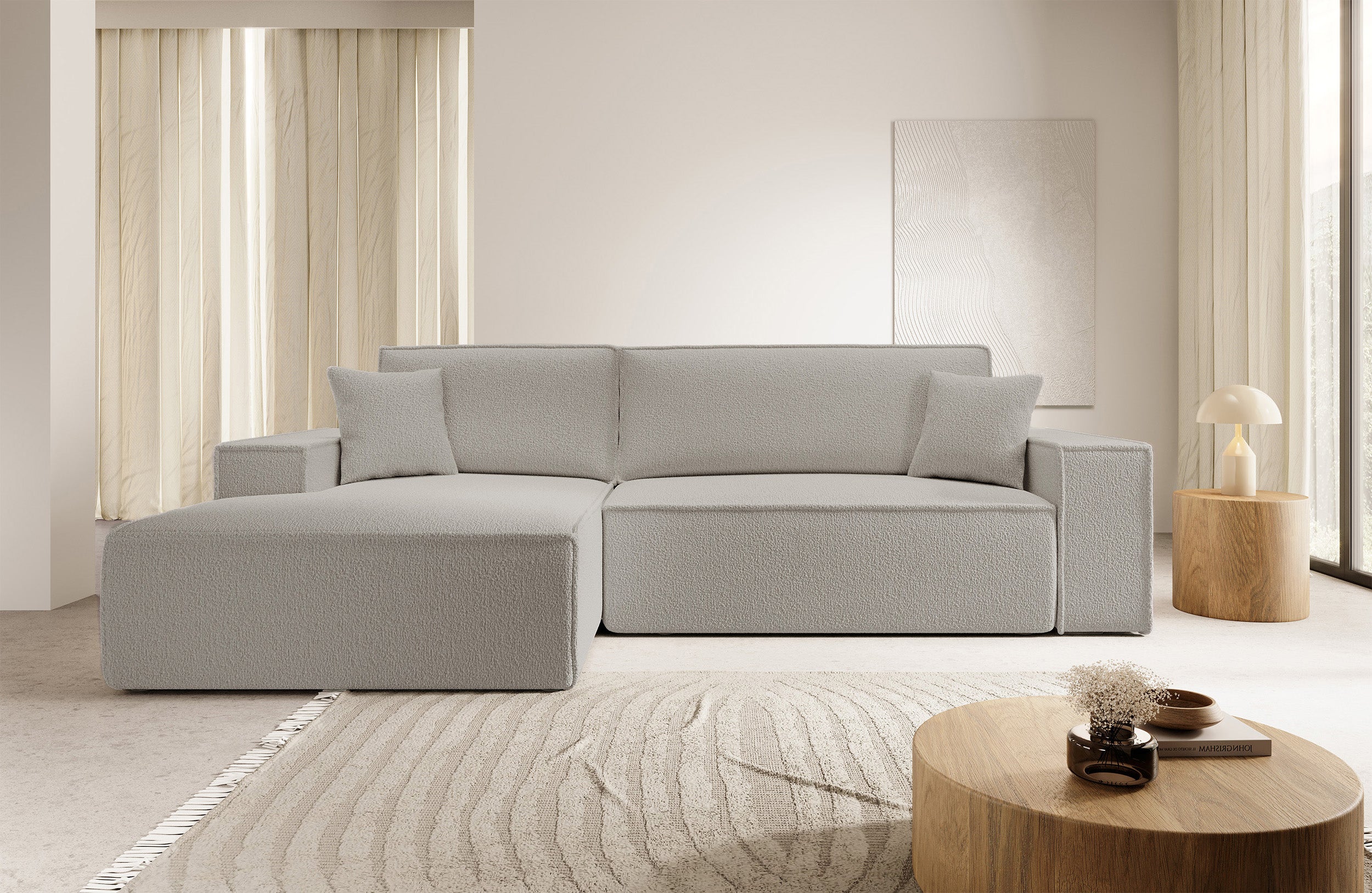 Ecksofa mit Schlaffunktion Farese New L-förmig mit Stauraum, braunes Bouclé, linksseitig
