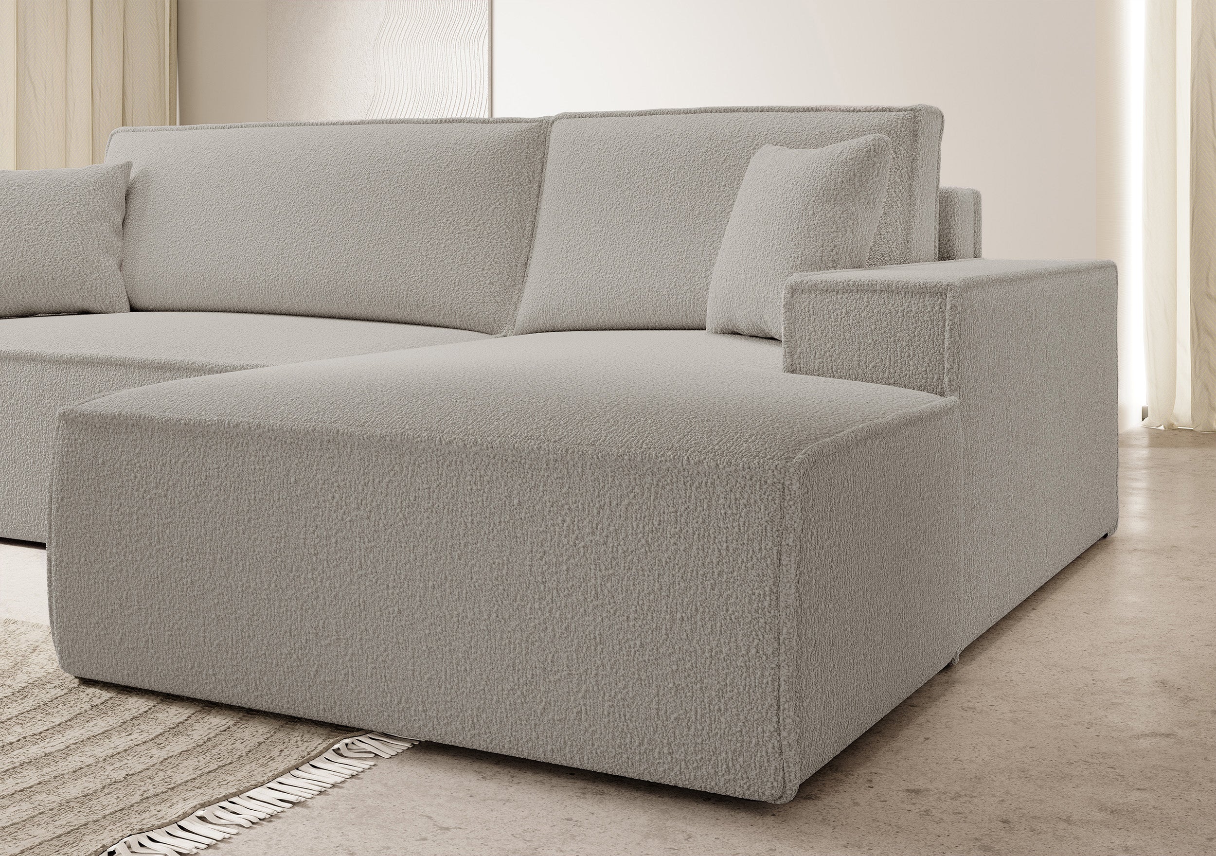 Ecksofa mit Schlafunktion Farese New L-förmig mit Stauraum, braunes Bouclé, rechtsseitig