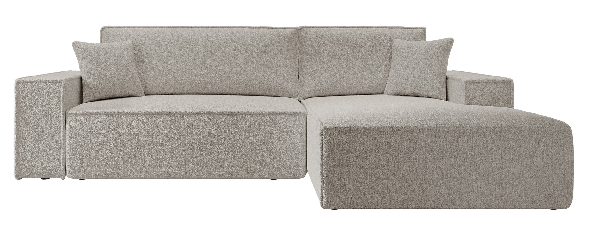 Ecksofa mit Schlafunktion Farese New L-förmig mit Stauraum, braunes Bouclé, rechtsseitig