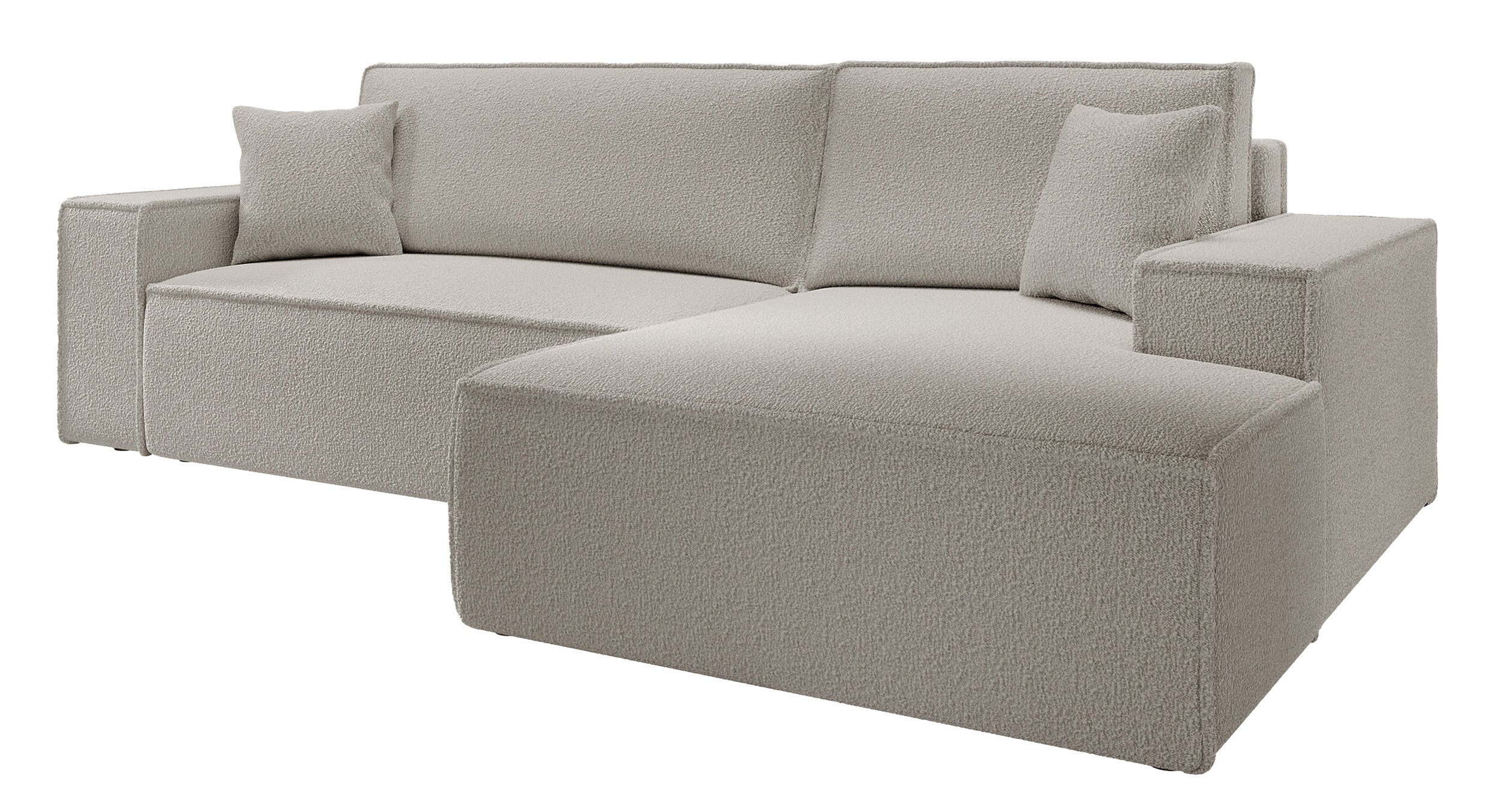 Ecksofa mit Schlafunktion Farese New L-förmig mit Stauraum, braunes Bouclé, rechtsseitig