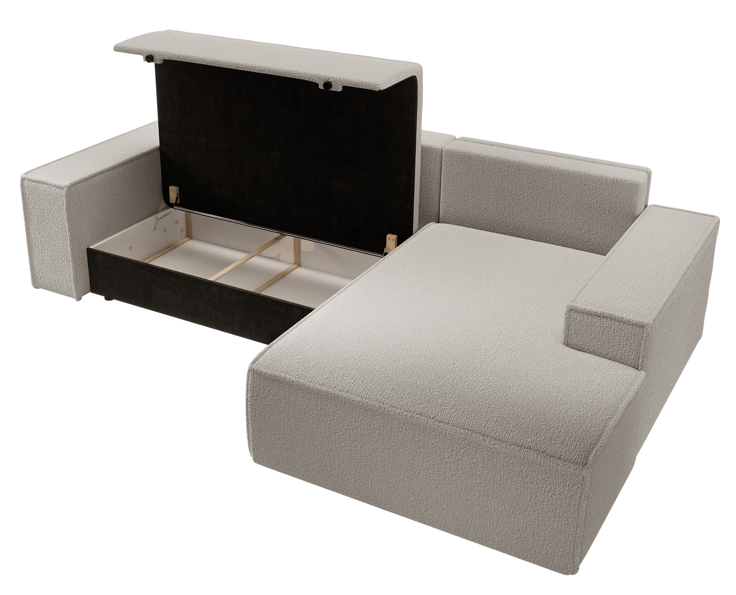 Ecksofa mit Schlafunktion Farese New L-förmig mit Stauraum, braunes Bouclé, rechtsseitig