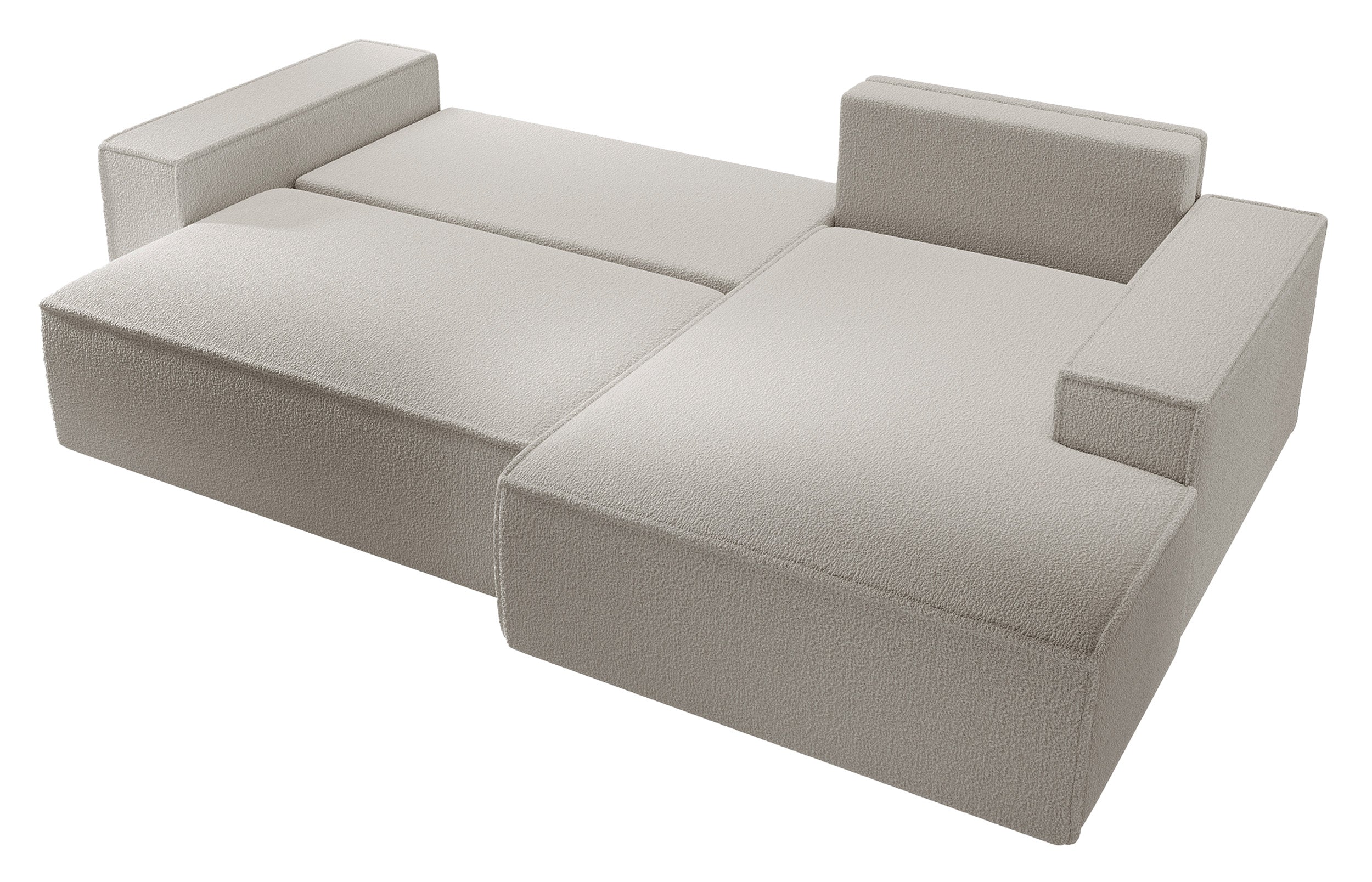 Ecksofa mit Schlafunktion Farese New L-förmig mit Stauraum, braunes Bouclé, rechtsseitig