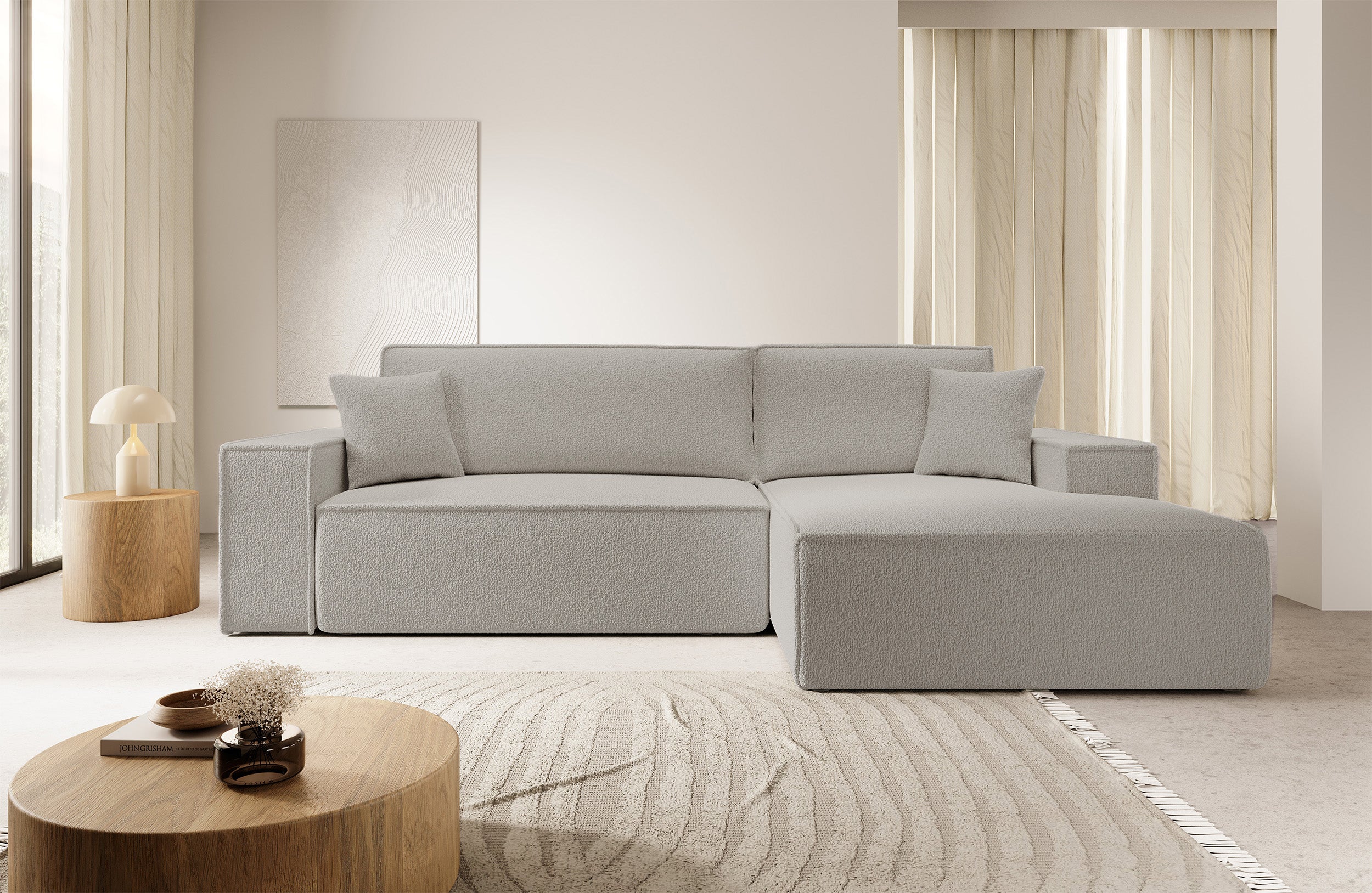 Ecksofa mit Schlafunktion Farese New L-förmig mit Stauraum, braunes Bouclé, rechtsseitig