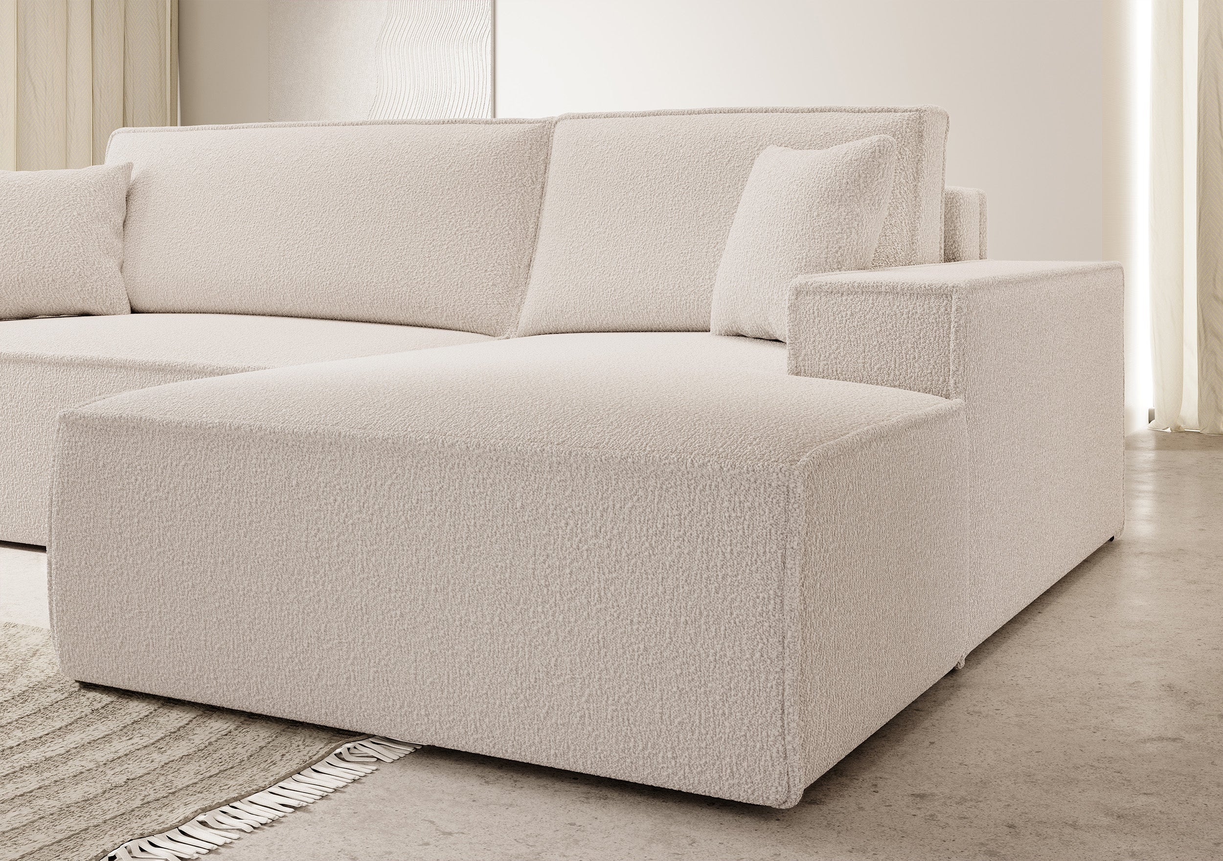 Ecksofa mit Schlaffunktion Farese New L-förmig mit Stauraum, beige Bouclé, rechtsseitig