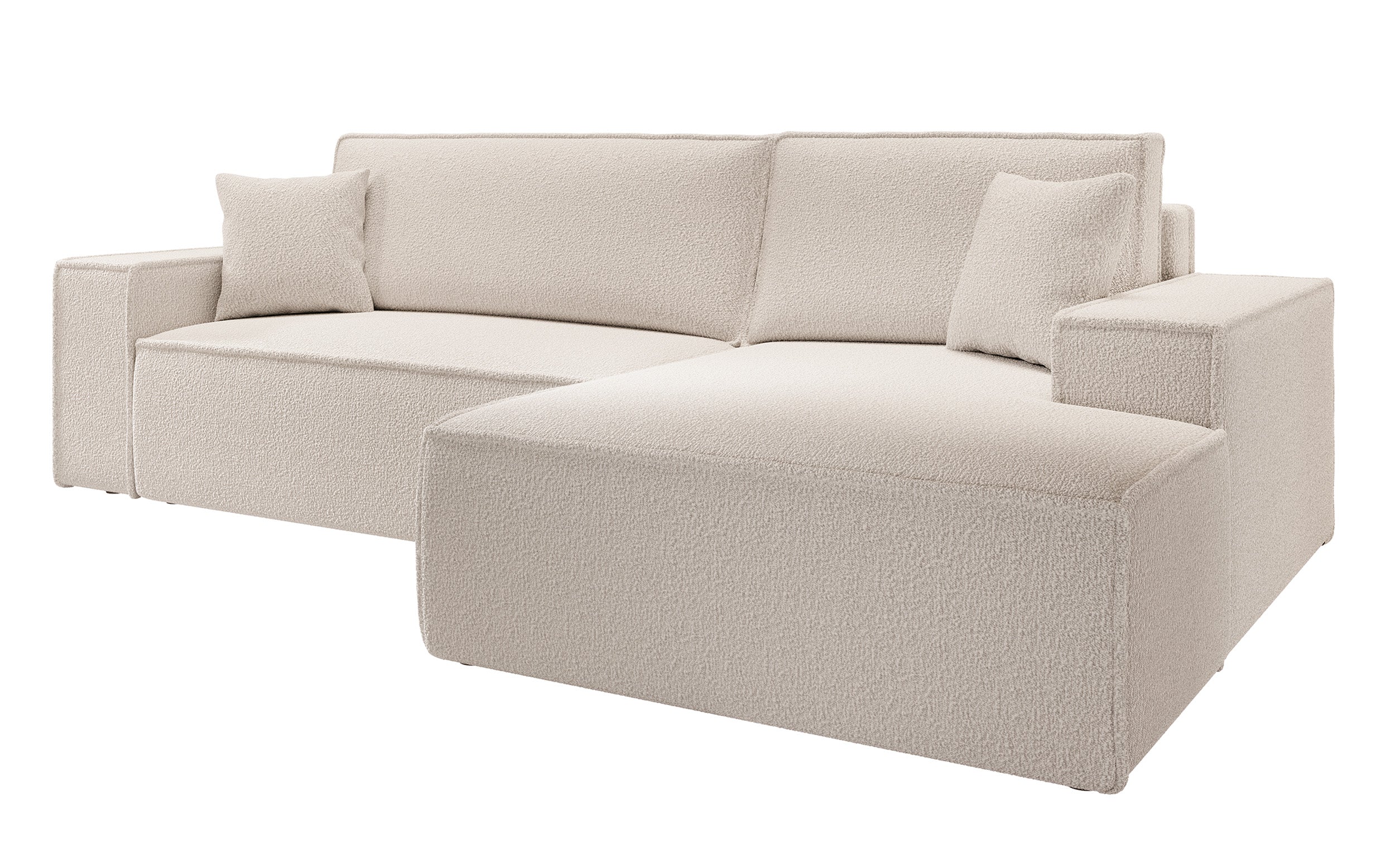 Ecksofa mit Schlaffunktion Farese New L-förmig mit Stauraum, beige Bouclé, rechtsseitig