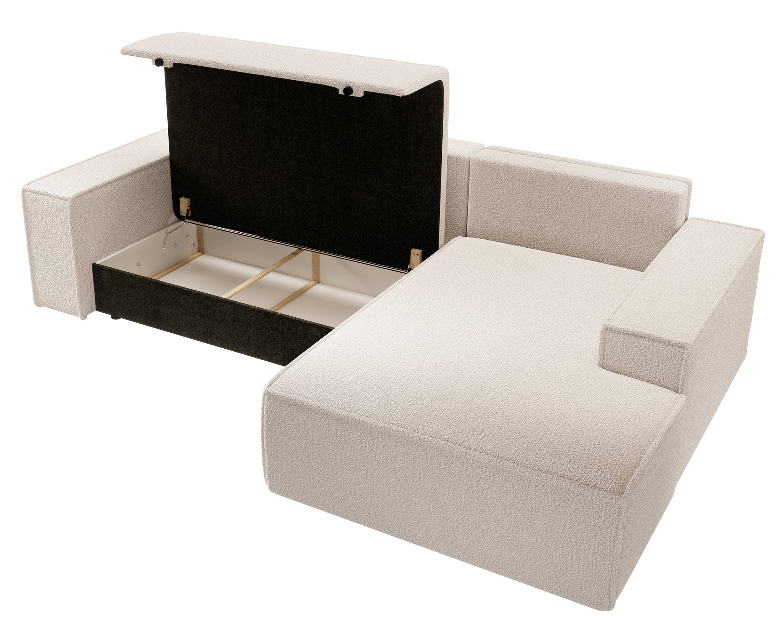 Ecksofa mit Schlaffunktion Farese New L-förmig mit Stauraum, beige Bouclé, rechtsseitig