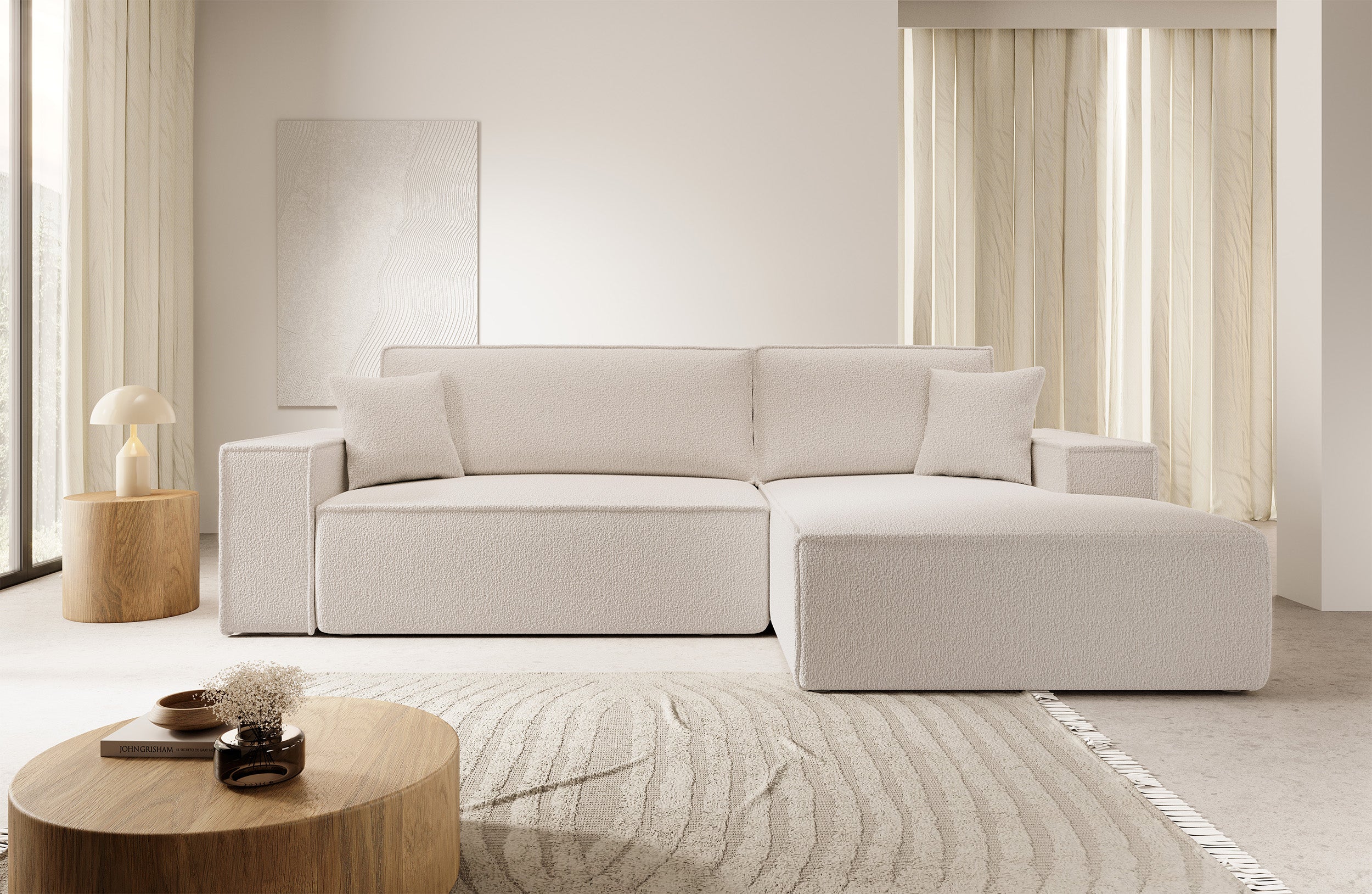 Ecksofa mit Schlaffunktion Farese New L-förmig mit Stauraum, beige Bouclé, rechtsseitig