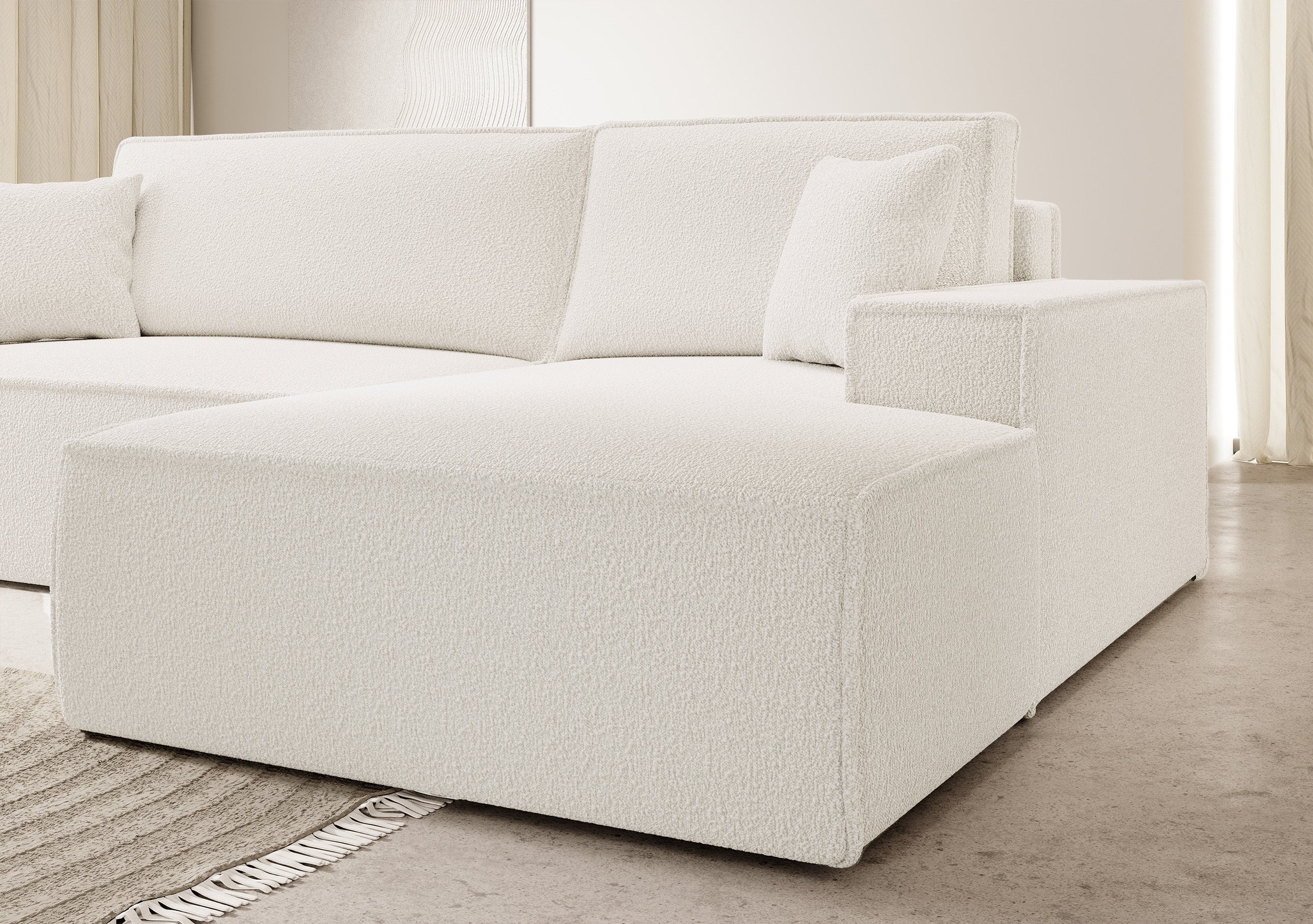 Ecksofa mit Schlaffunktion Farese New, L-förmig, mit Stauraum, cremefarbenes Bouclé, rechtsseitig