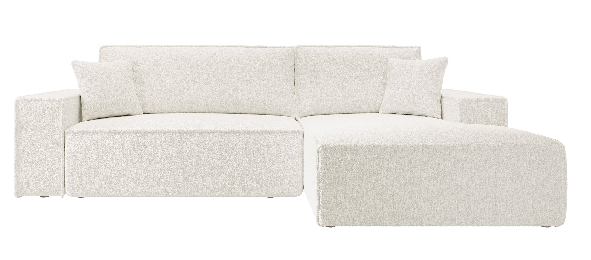 Ecksofa mit Schlaffunktion Farese New, L-förmig, mit Stauraum, cremefarbenes Bouclé, rechtsseitig