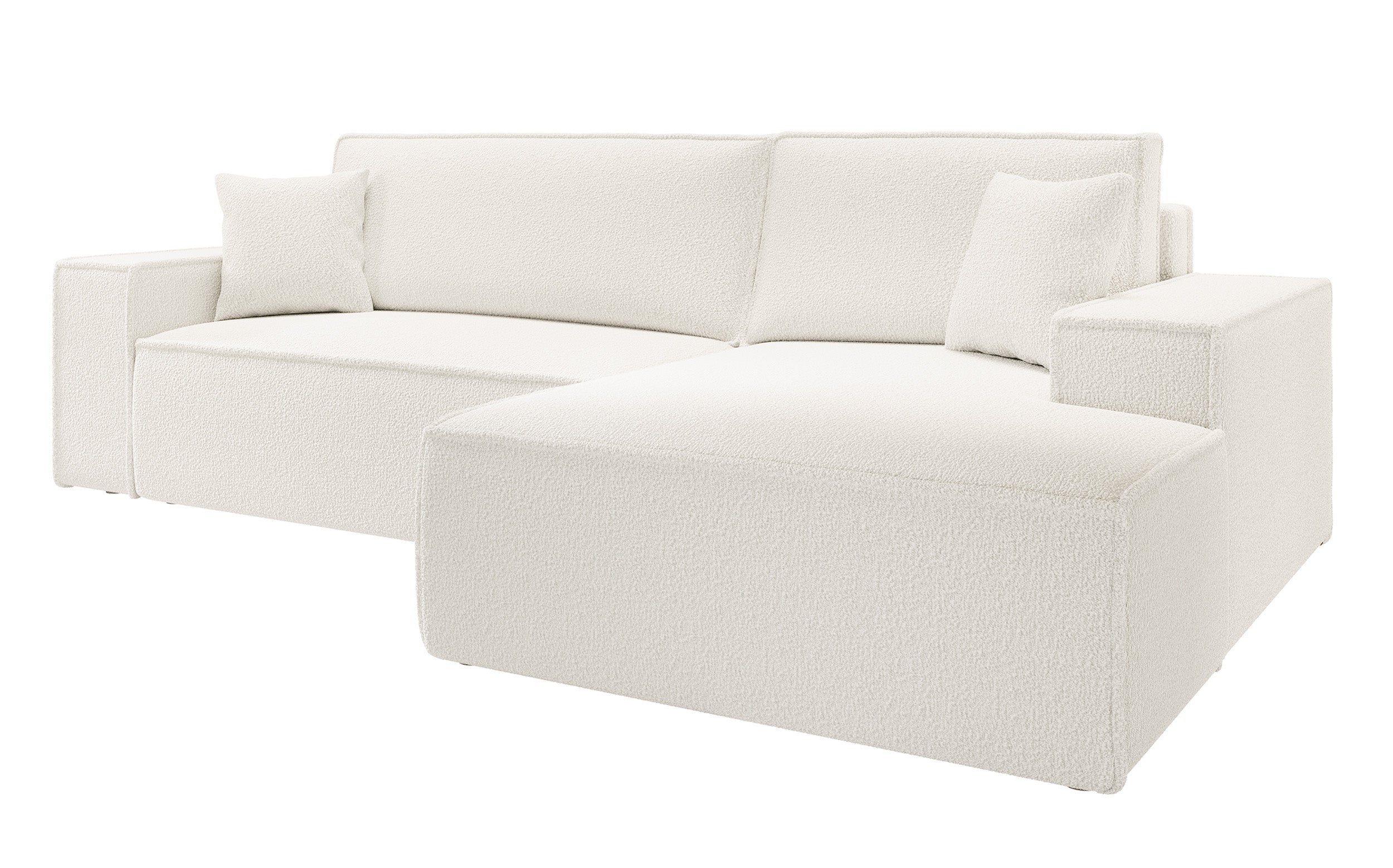 Ecksofa mit Schlaffunktion Farese New, L-förmig, mit Stauraum, cremefarbenes Bouclé, rechtsseitig