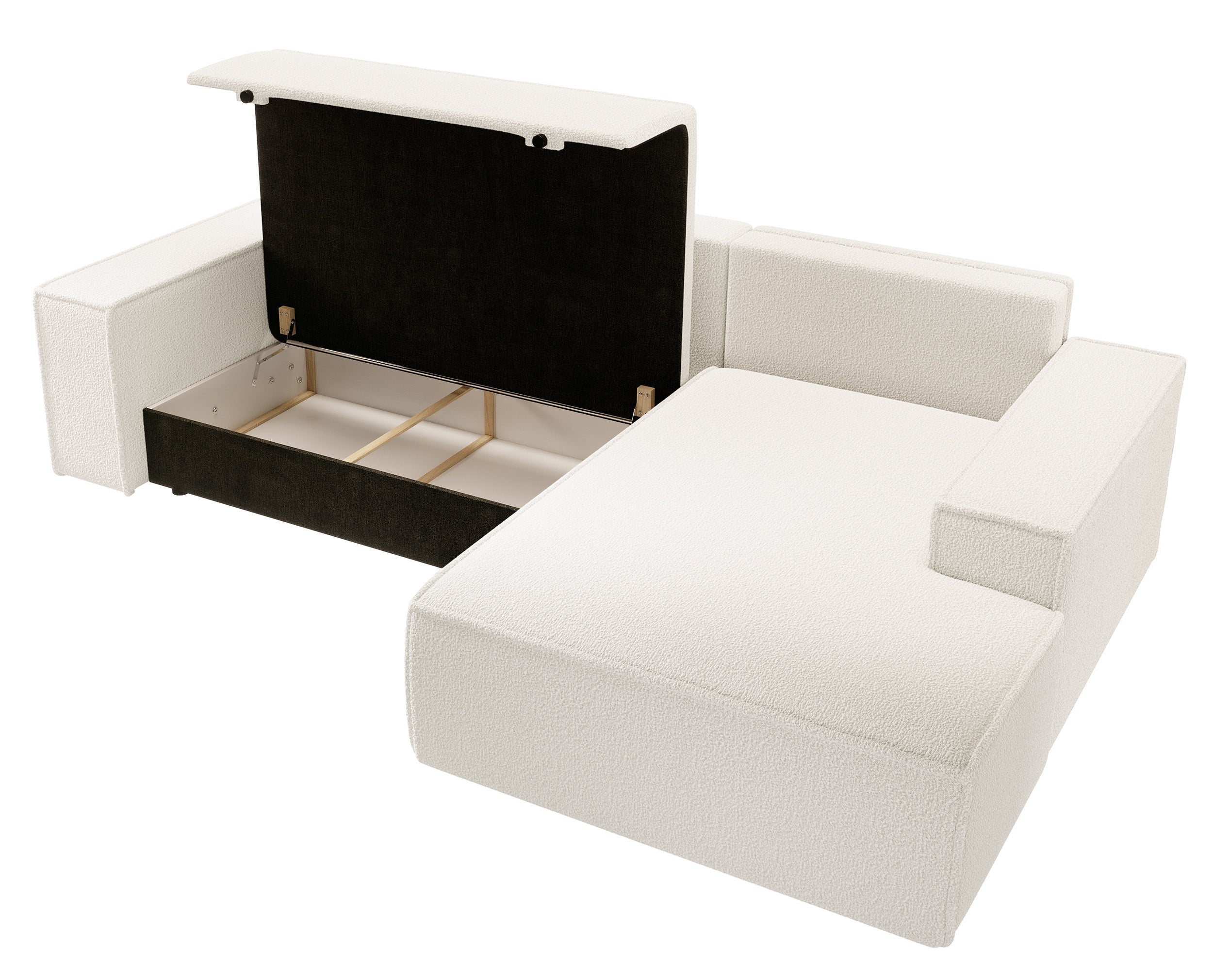 Ecksofa mit Schlaffunktion Farese New, L-förmig, mit Stauraum, cremefarbenes Bouclé, rechtsseitig
