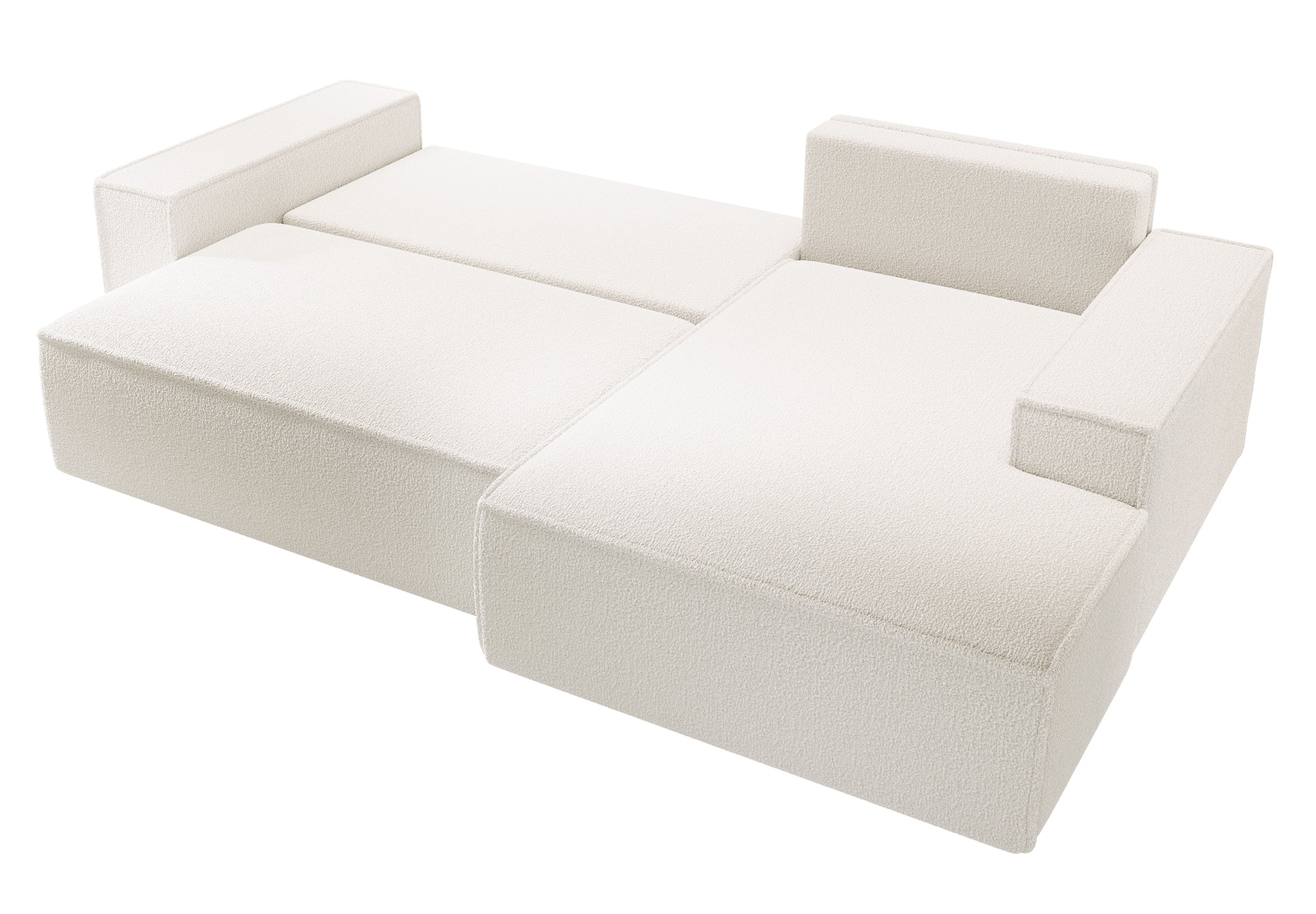 Ecksofa mit Schlaffunktion Farese New, L-förmig, mit Stauraum, cremefarbenes Bouclé, rechtsseitig