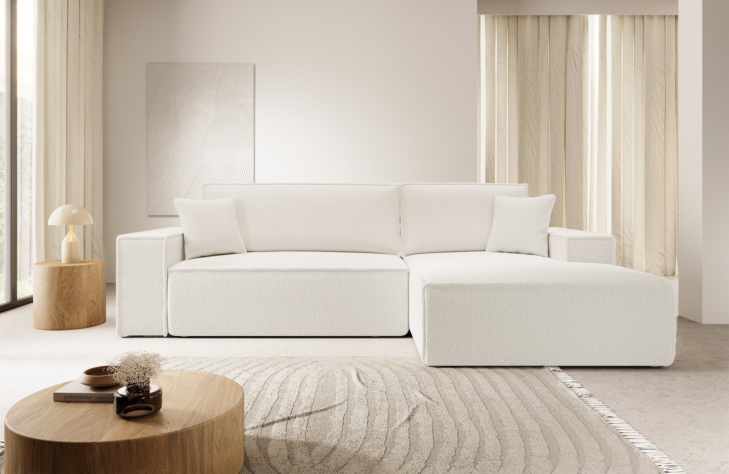 Ecksofa mit Schlaffunktion Farese New, L-förmig, mit Stauraum, cremefarbenes Bouclé, rechtsseitig