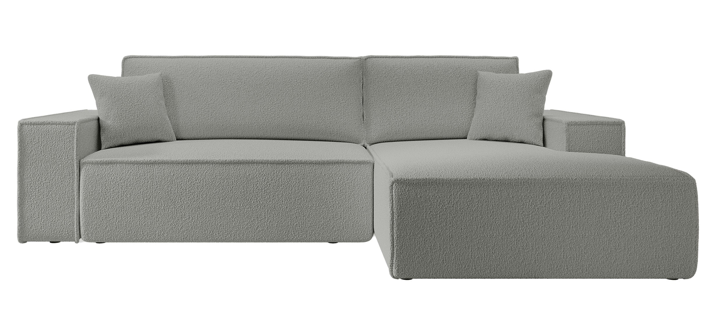 Ecksofa mit Schlaffunktion Farese New L-förmig mit Stauraum, grauer Bouclé, rechtsseitig