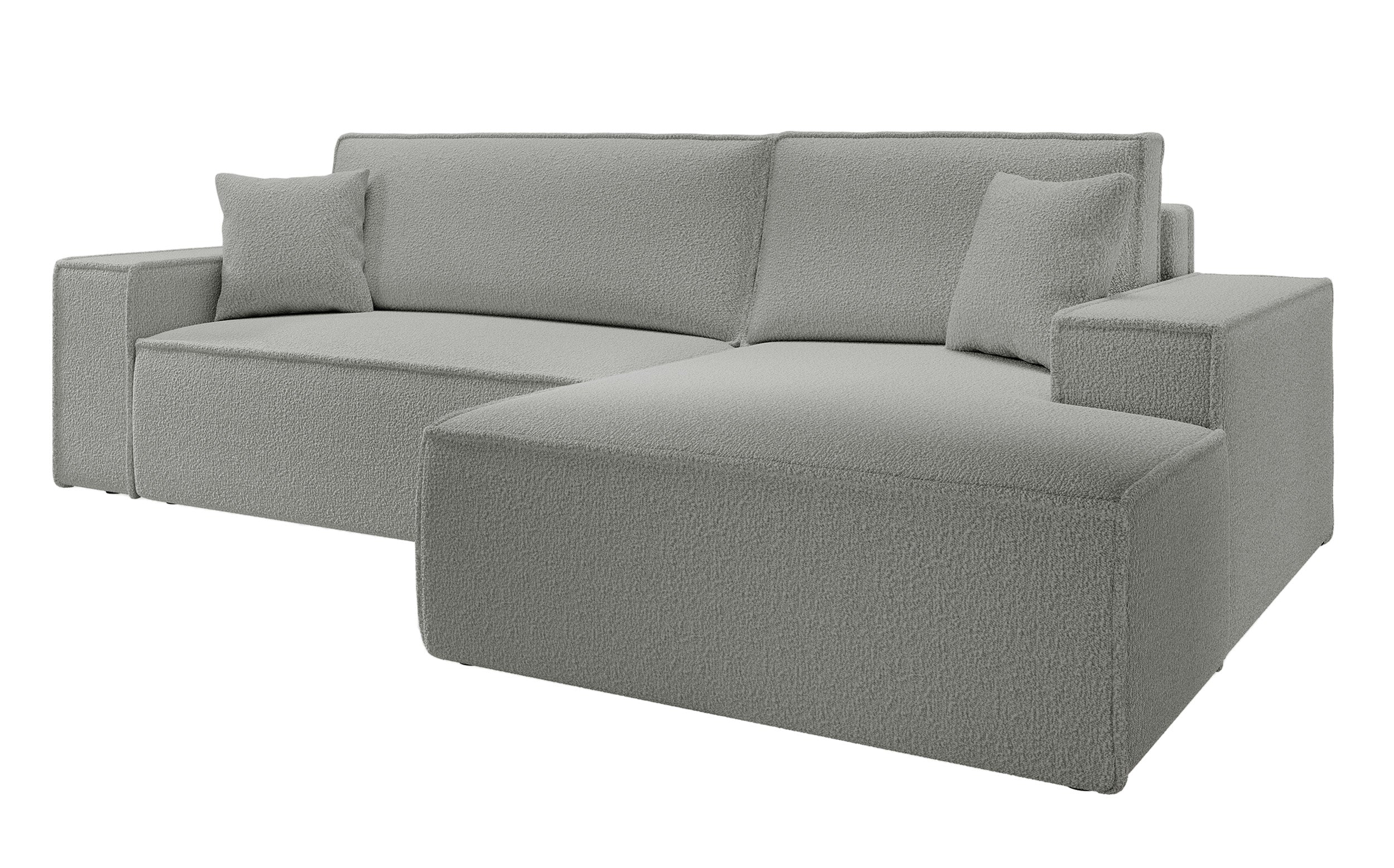 Ecksofa mit Schlaffunktion Farese New L-förmig mit Stauraum, grauer Bouclé, rechtsseitig