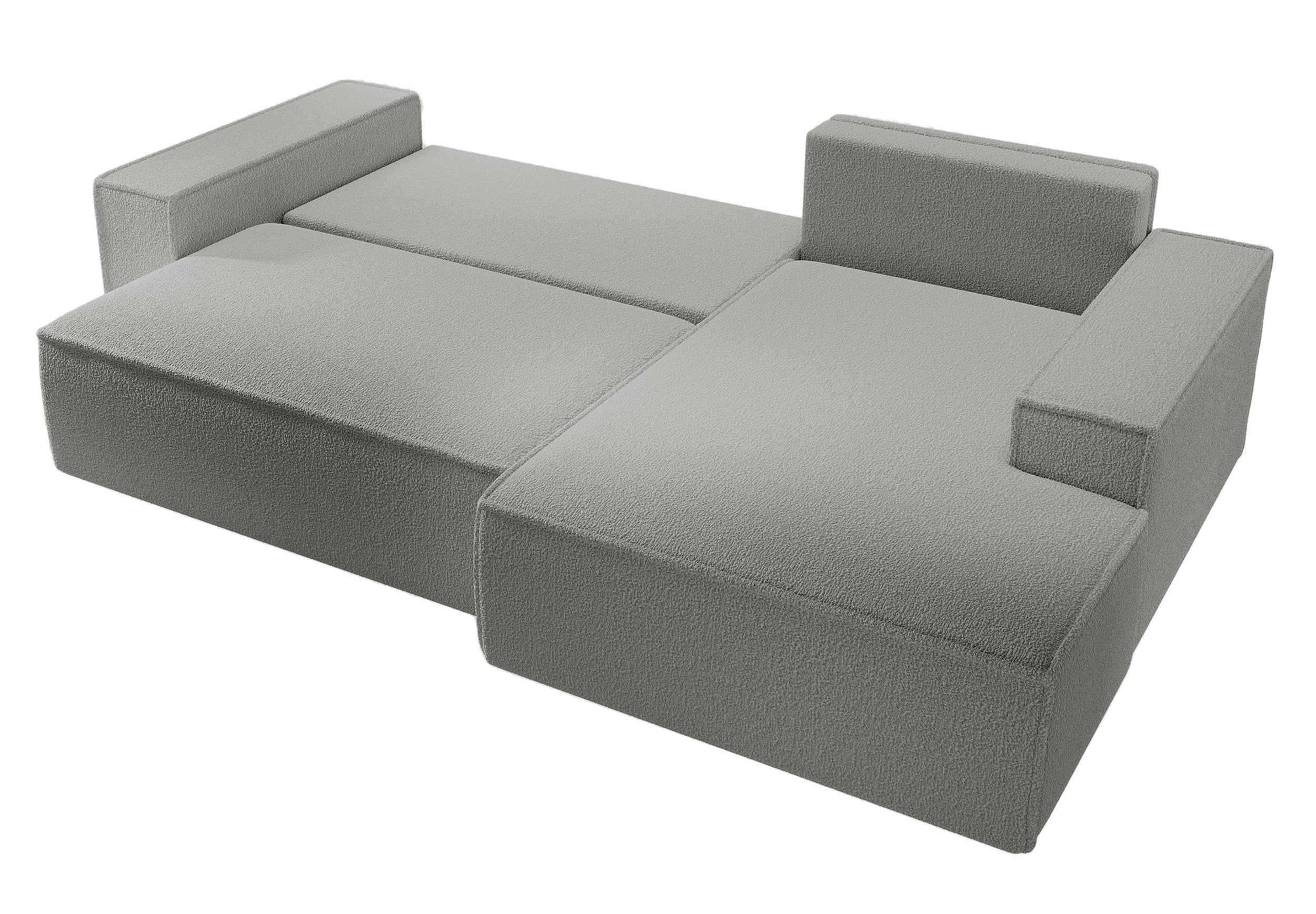 Ecksofa mit Schlaffunktion Farese New L-förmig mit Stauraum, grauer Bouclé, rechtsseitig
