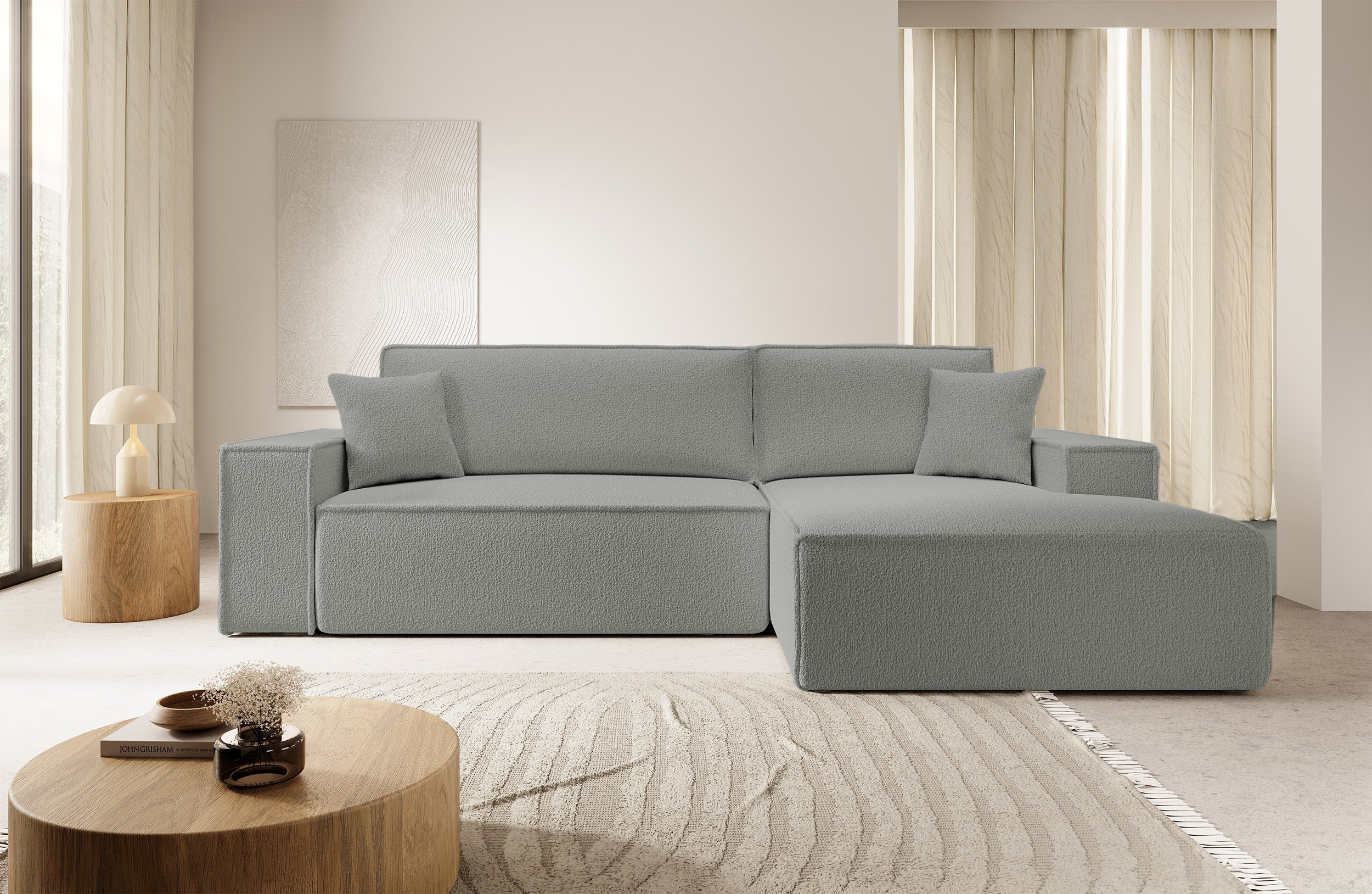 Ecksofa mit Schlaffunktion Farese New L-förmig mit Stauraum, grauer Bouclé, rechtsseitig