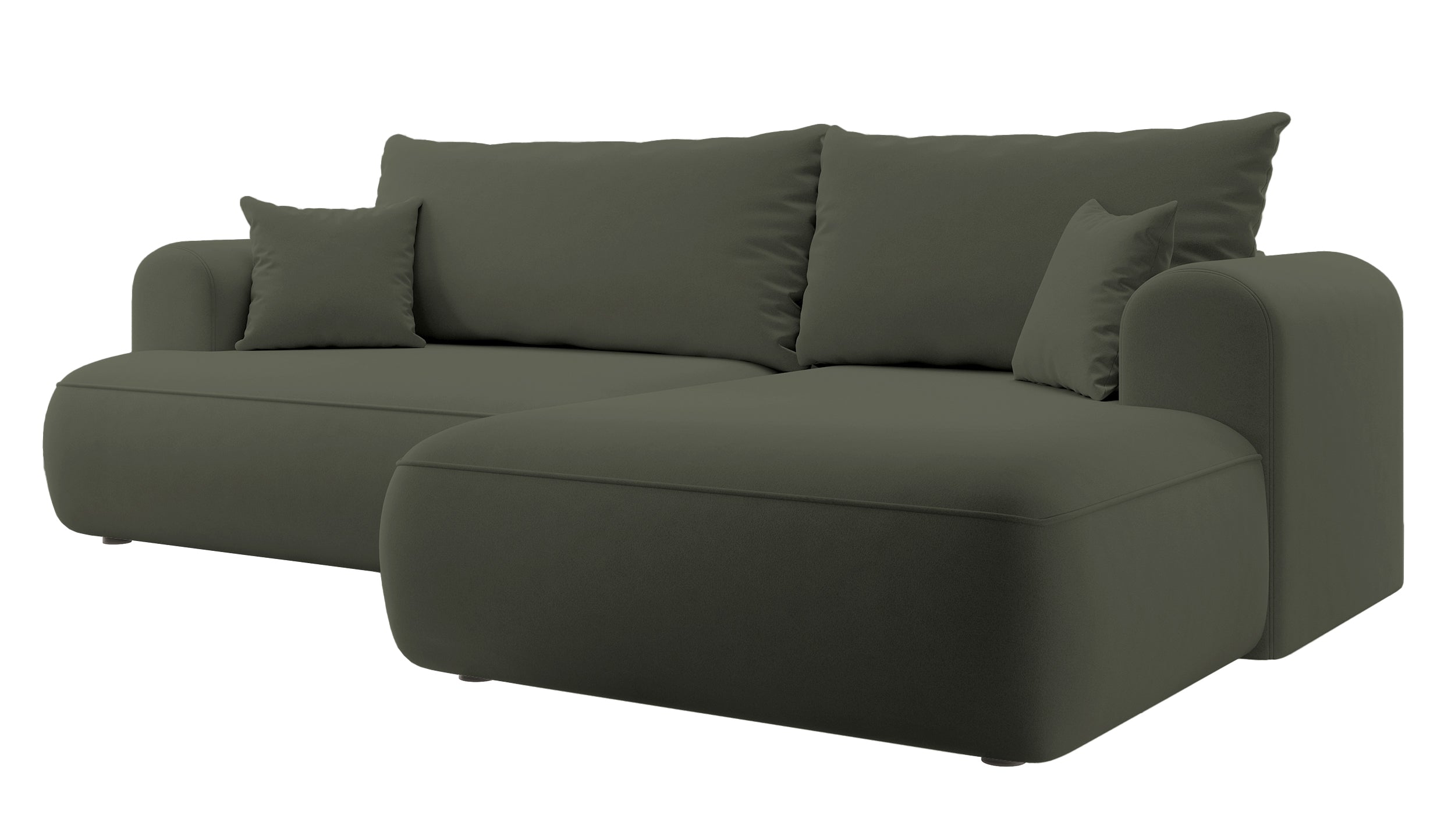 Ecksofa mit Schlaffunktion Ovo, L-förmig, olivgrüner Samtstoff mit Stauraum, leicht zu reinigender Stoff, rechtsseitig