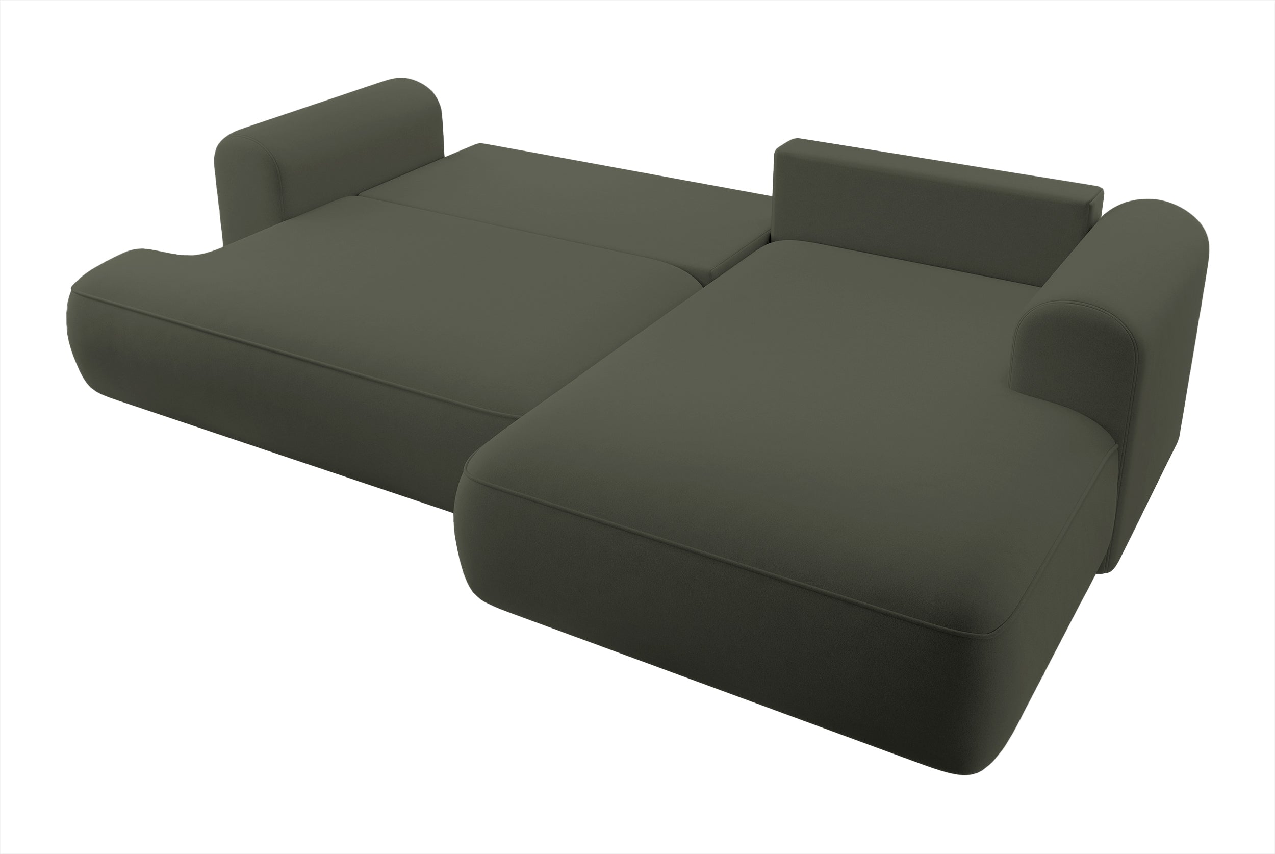 Ecksofa mit Schlaffunktion Ovo, L-förmig, olivgrüner Samtstoff mit Stauraum, leicht zu reinigender Stoff, rechtsseitig