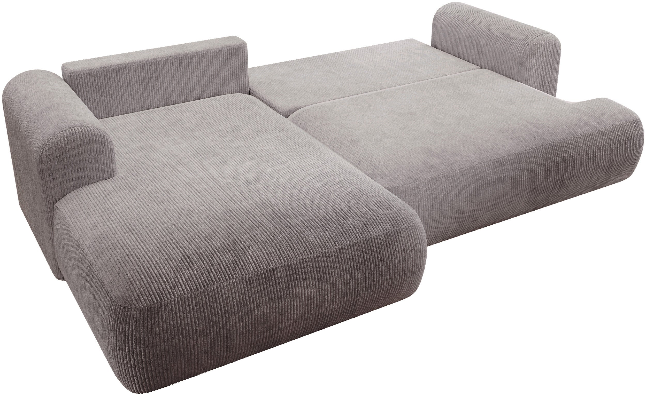 Ecksofa mit Schlaffunktion Ovo Cord, L-förmig, linksseitig, mit Stauraum, hellgrauer Cordstoff