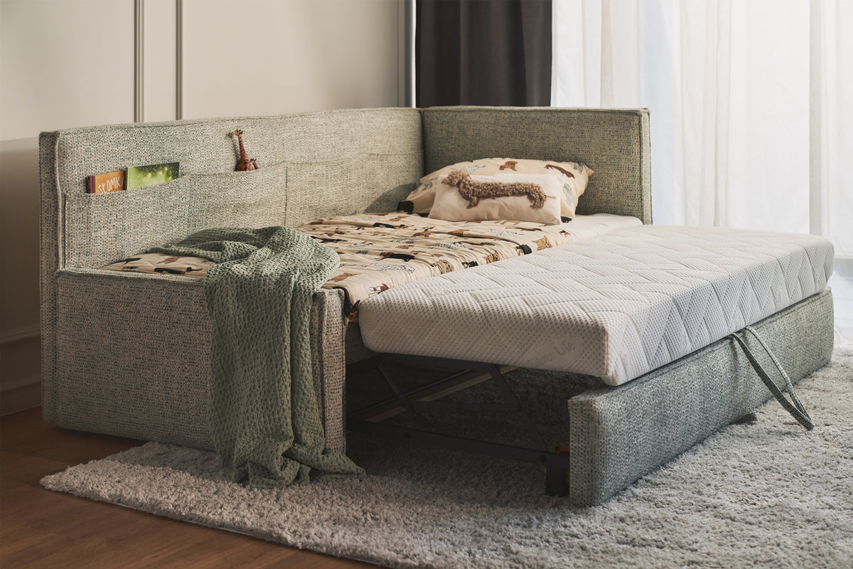 Jugendbett 90x200 cm Nesmi, ausziehbar, rechtsseitig, mit Matratzen in Salbeigrün Flechtoptik