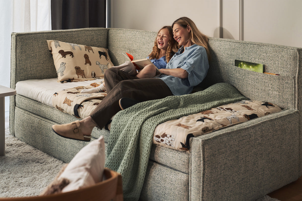 Jugendbett 90x200 cm Nesmi links mit Stauraum Salbeigrün Geflecht