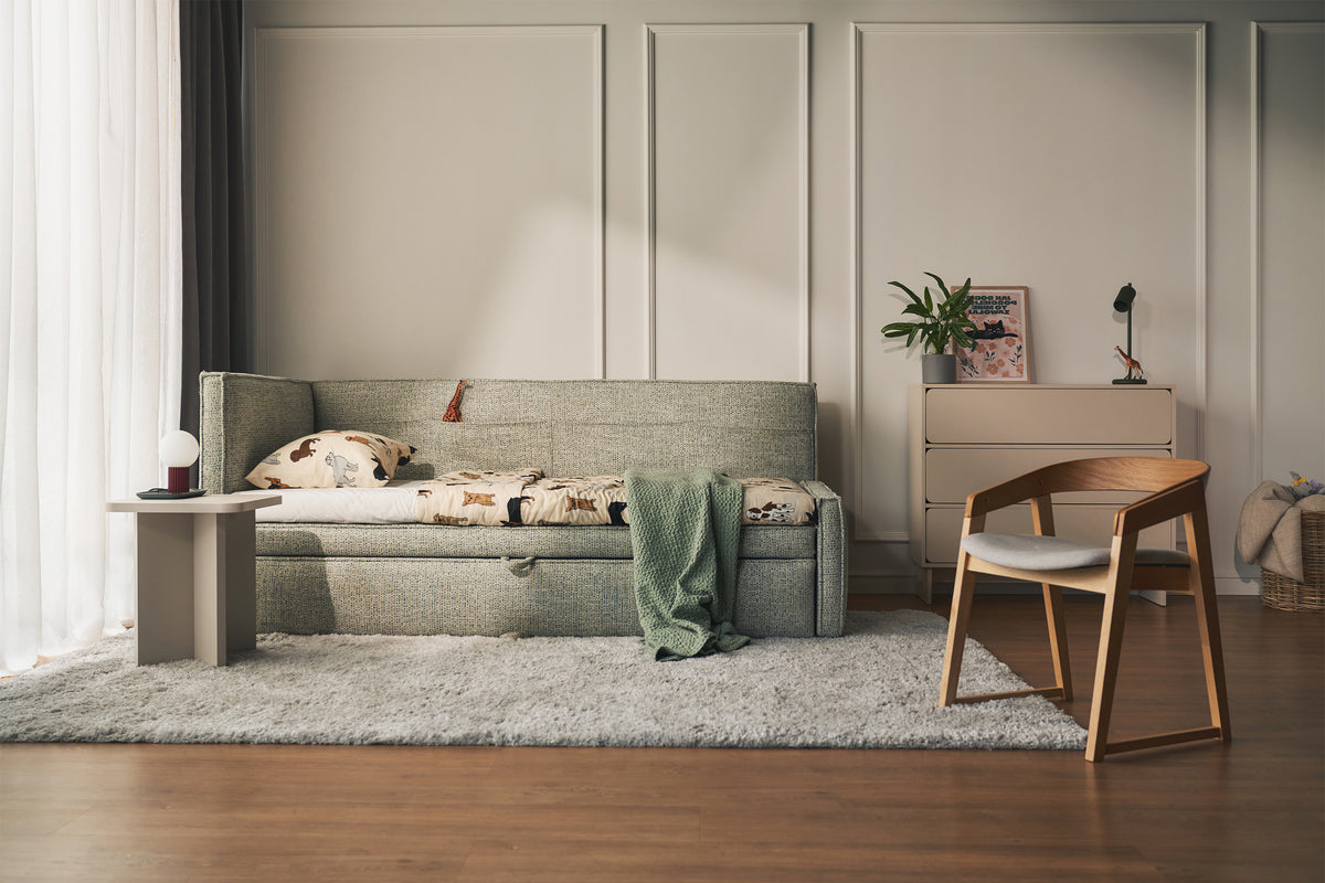Jugendbett 90x200 cm Nesmi links mit Stauraum Salbeigrün Geflecht