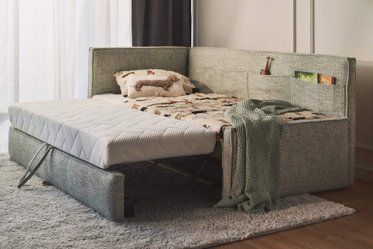 Jugendbett 90x200 cm Nesmi, links ausziehbar, mit Matratzen Salbeigrün Geflecht
