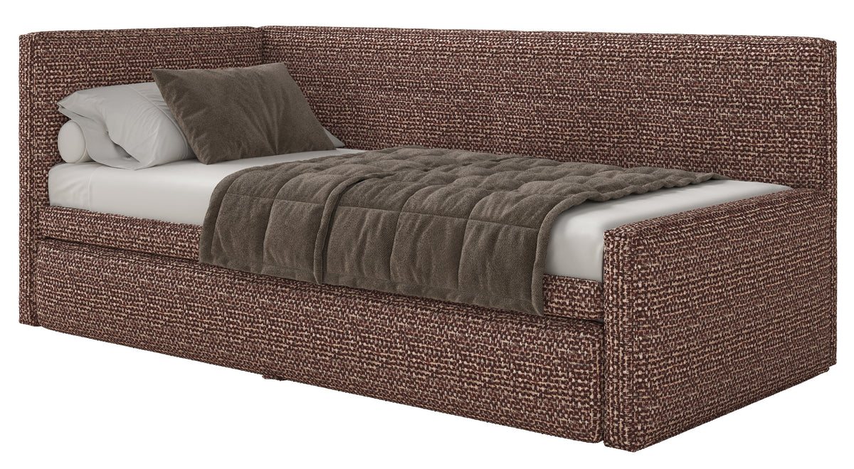 Jugendbett 90x200 cm Nesmi linksseitig mit Stauraum braunes Geflecht